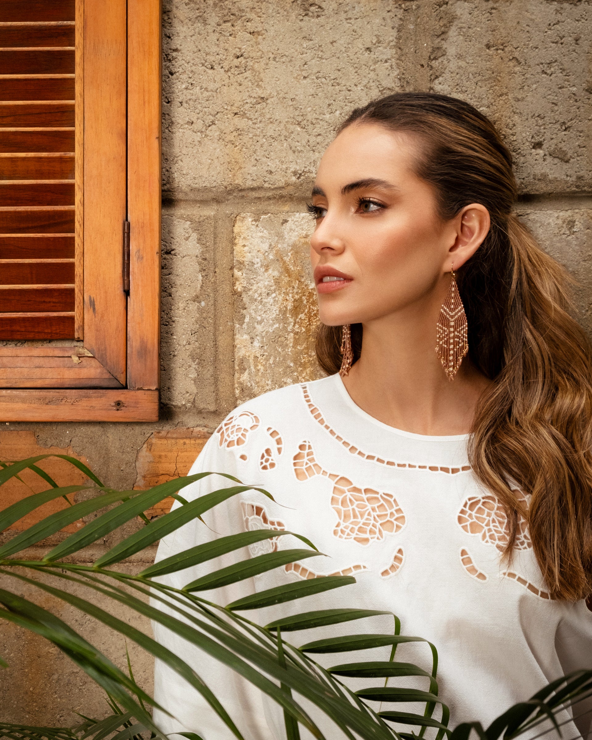 Beaded Handwoven Taos Fringe Earrings - Light Brown