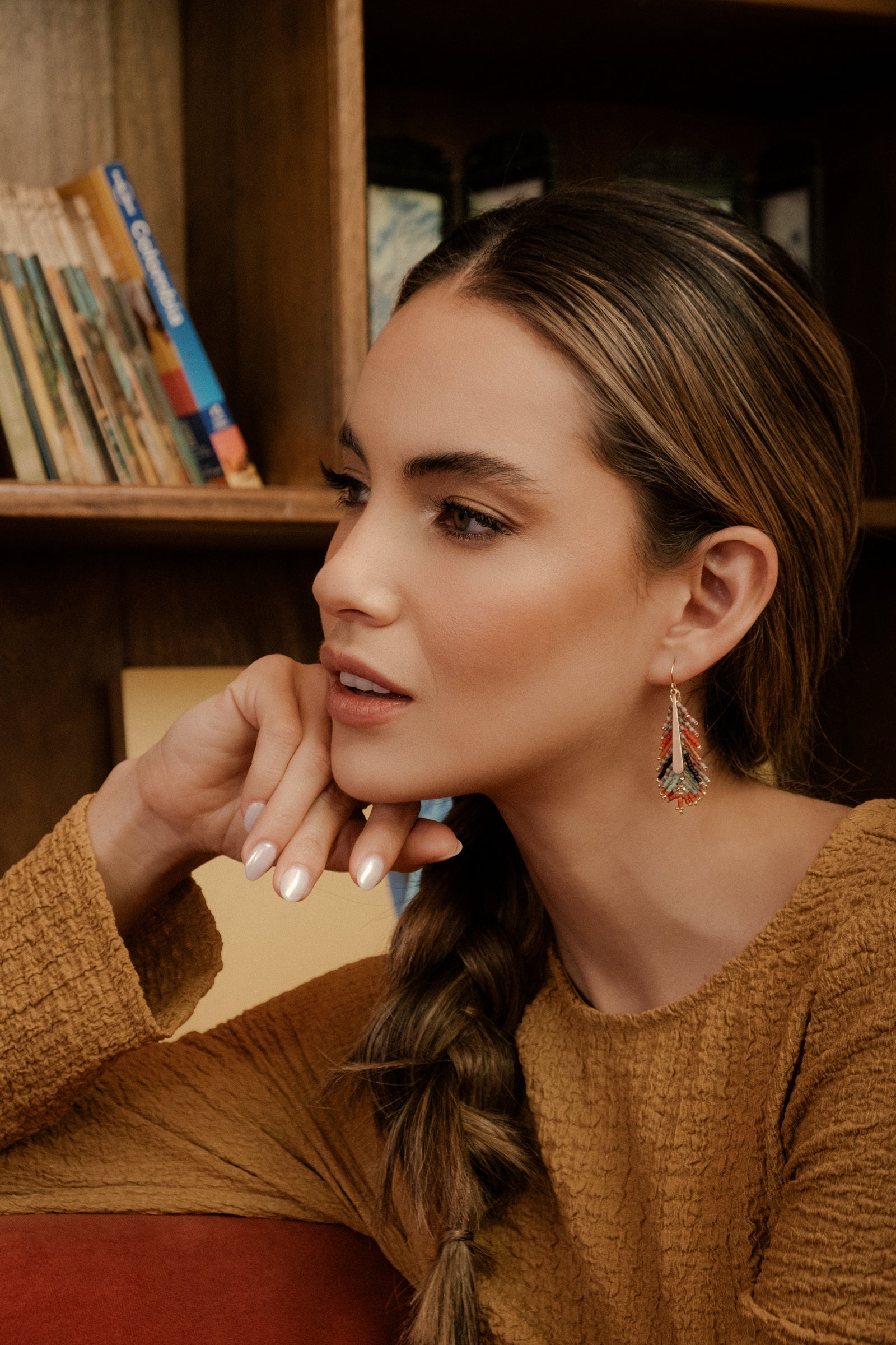Beaded Handwoven Gilded Feather Earrings - Rust/Aqua