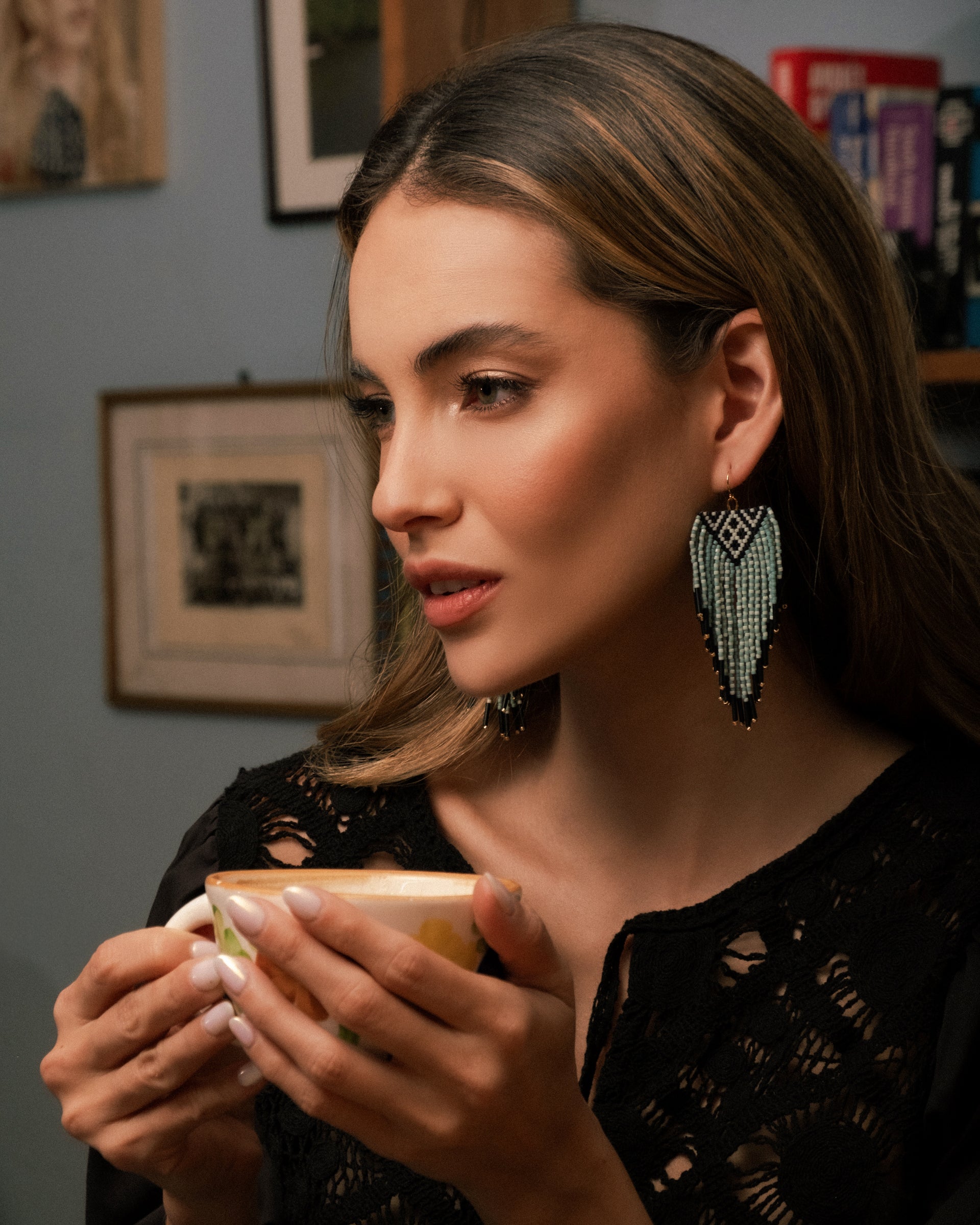 Beaded Handwoven Sonoran Triangle Fringe Earrings - Aqua