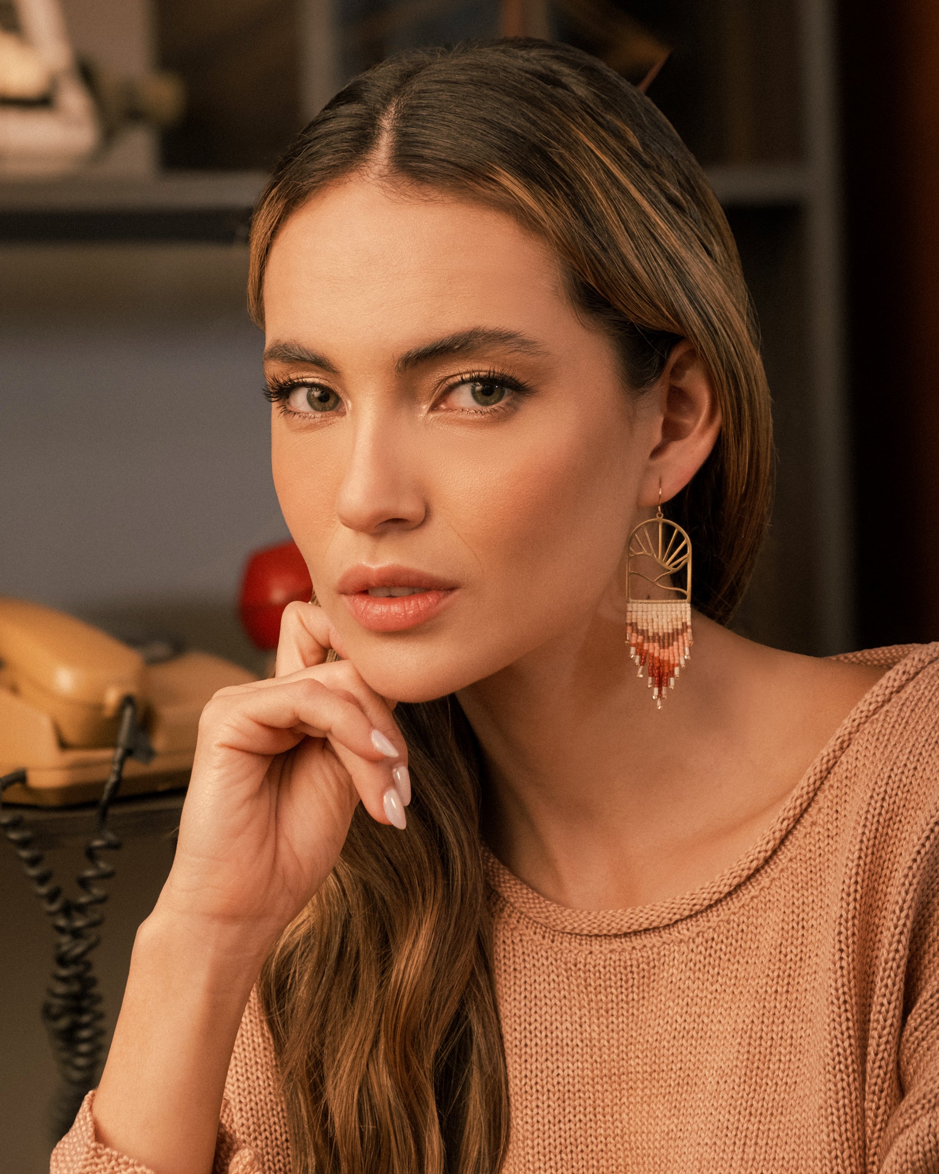 Beaded Handwoven Sedona Fringe Earrings - Rust/Salmon