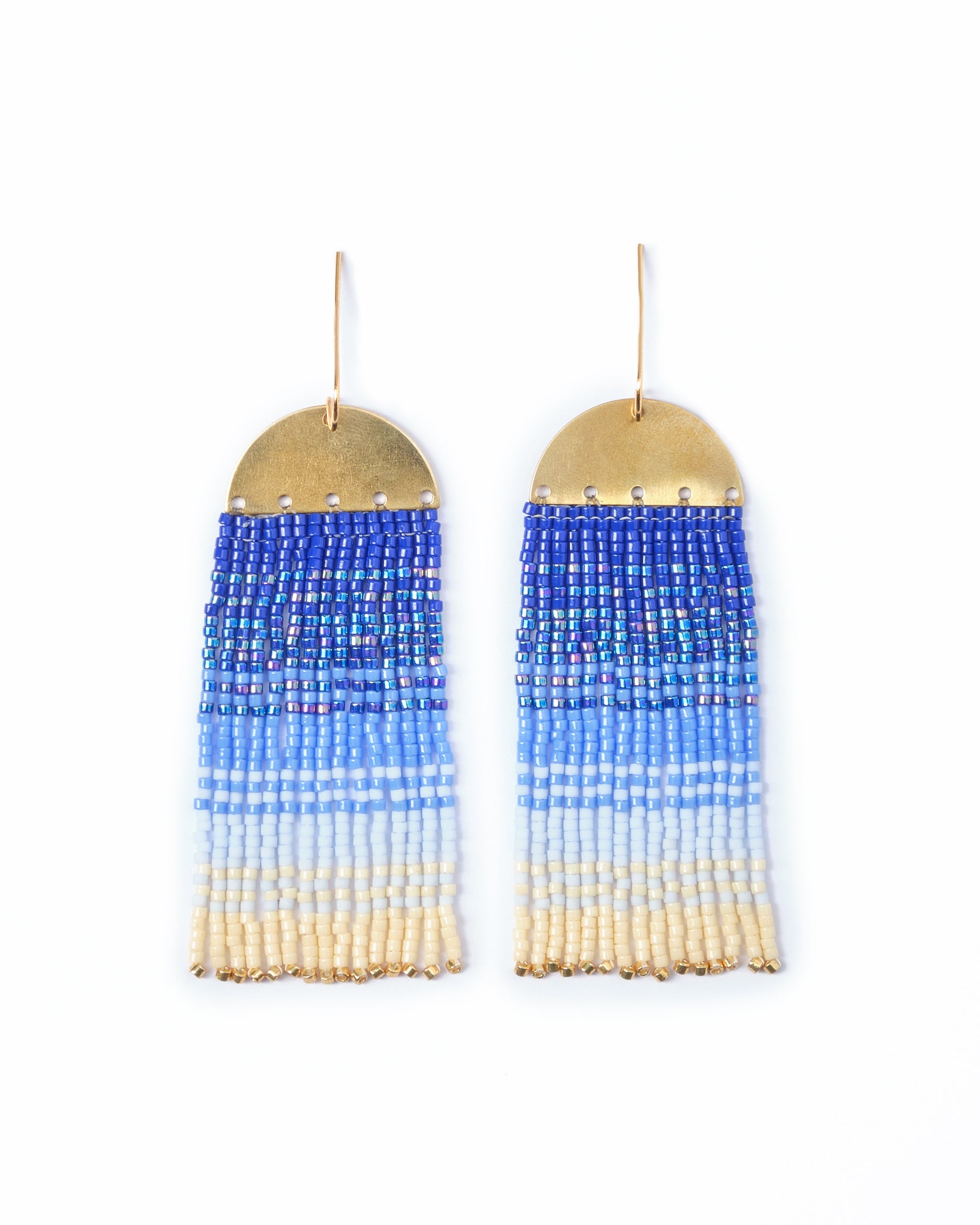 Beaded Handwoven Ombre Fringe Earrings - Blue
