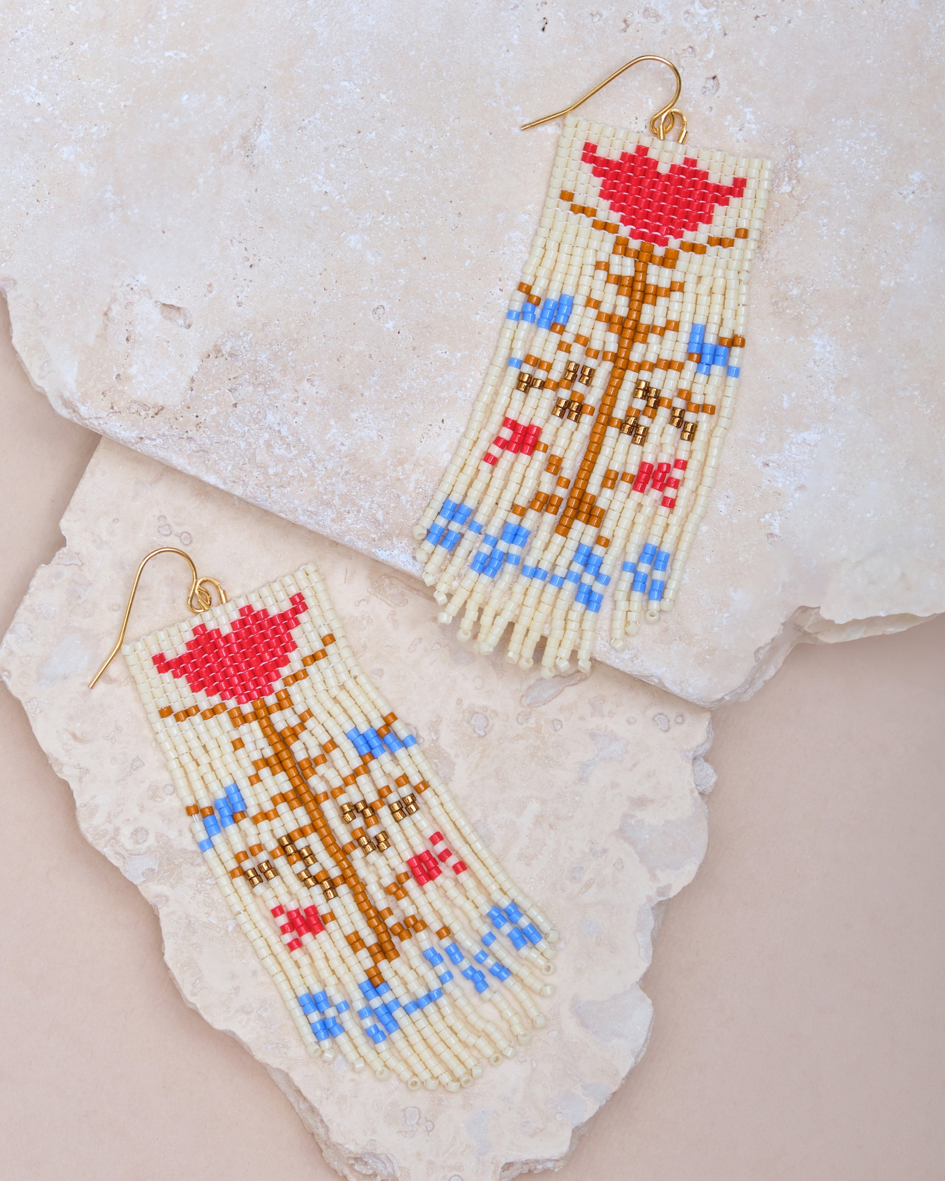 Beaded Handwoven Vintage Flower Fringe Earrings - Cream/Red