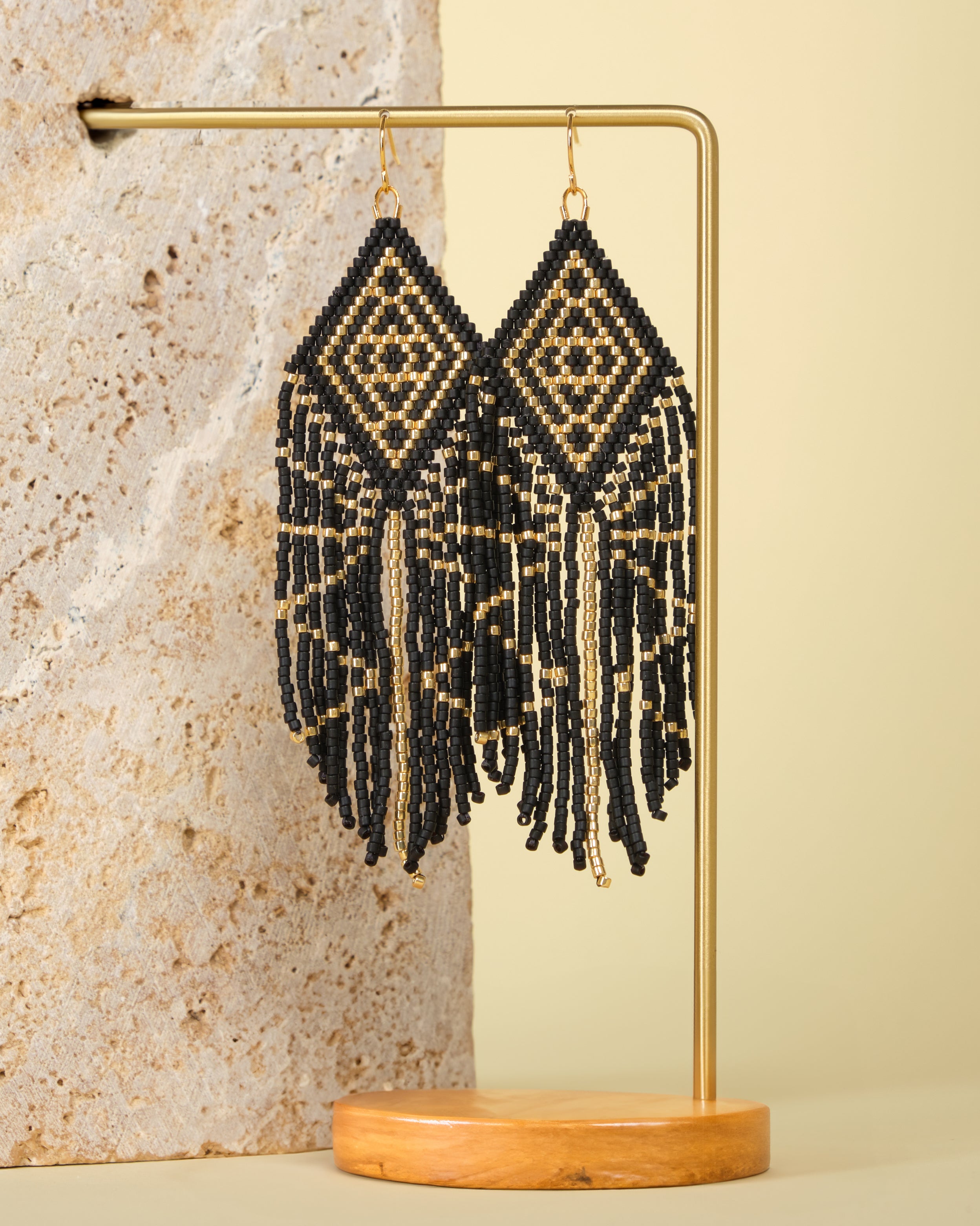 Beaded Handwoven Tribal Diamond Fringe Earrings