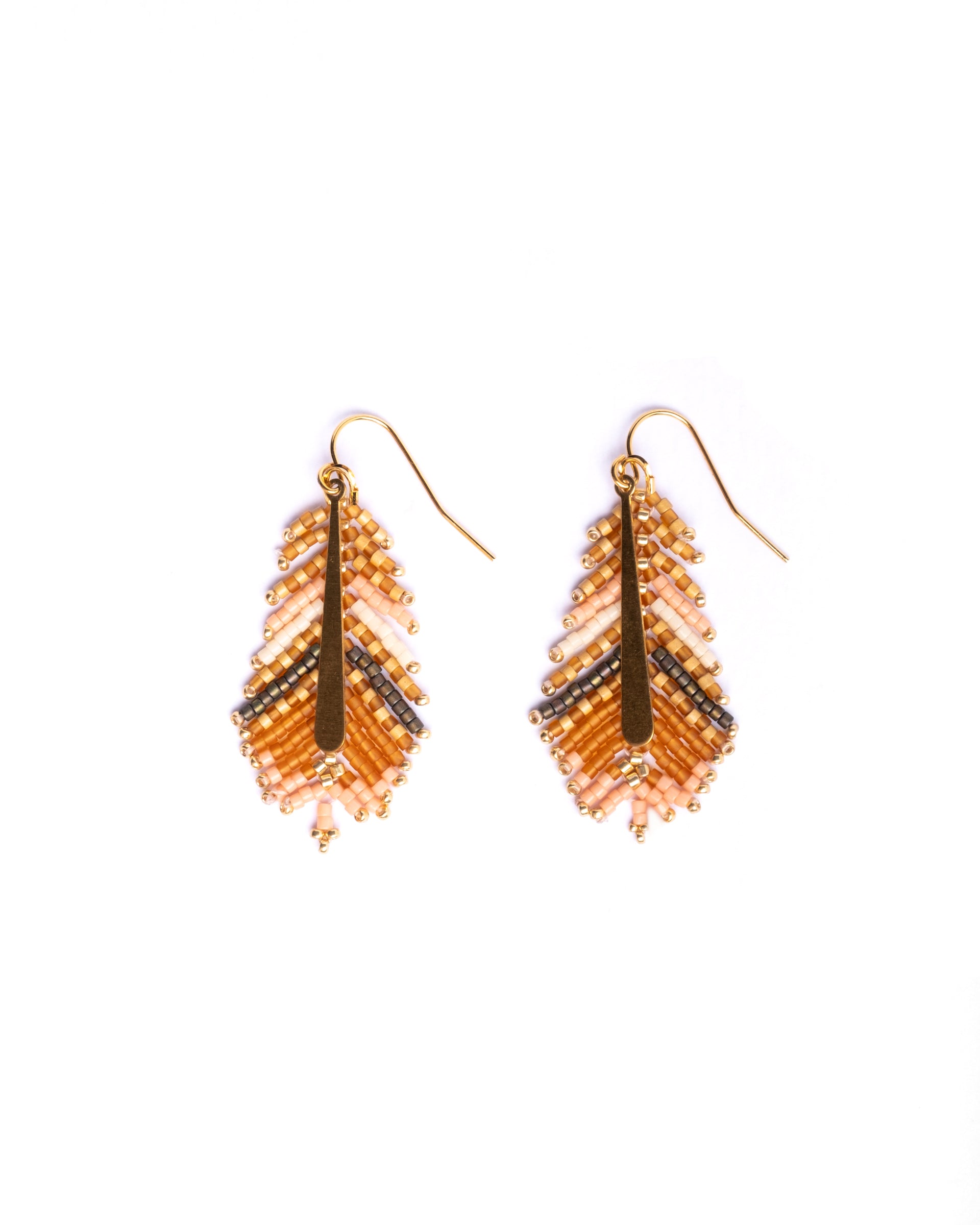 Beaded Handwoven Gilded Feather Earrings - Peach/Tan