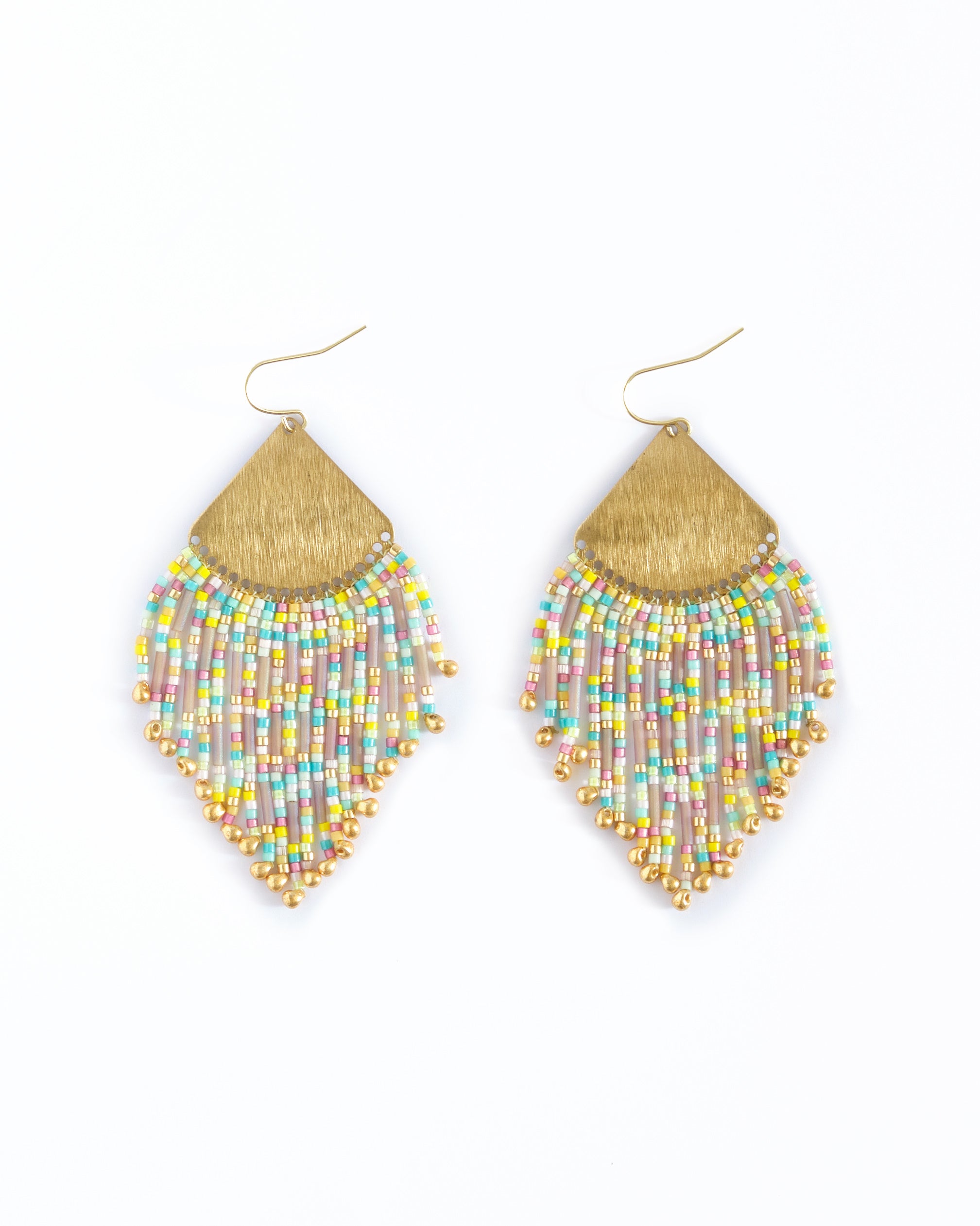 Beaded Handwoven Confetti Fringe Earrings - Yellow/Aqua