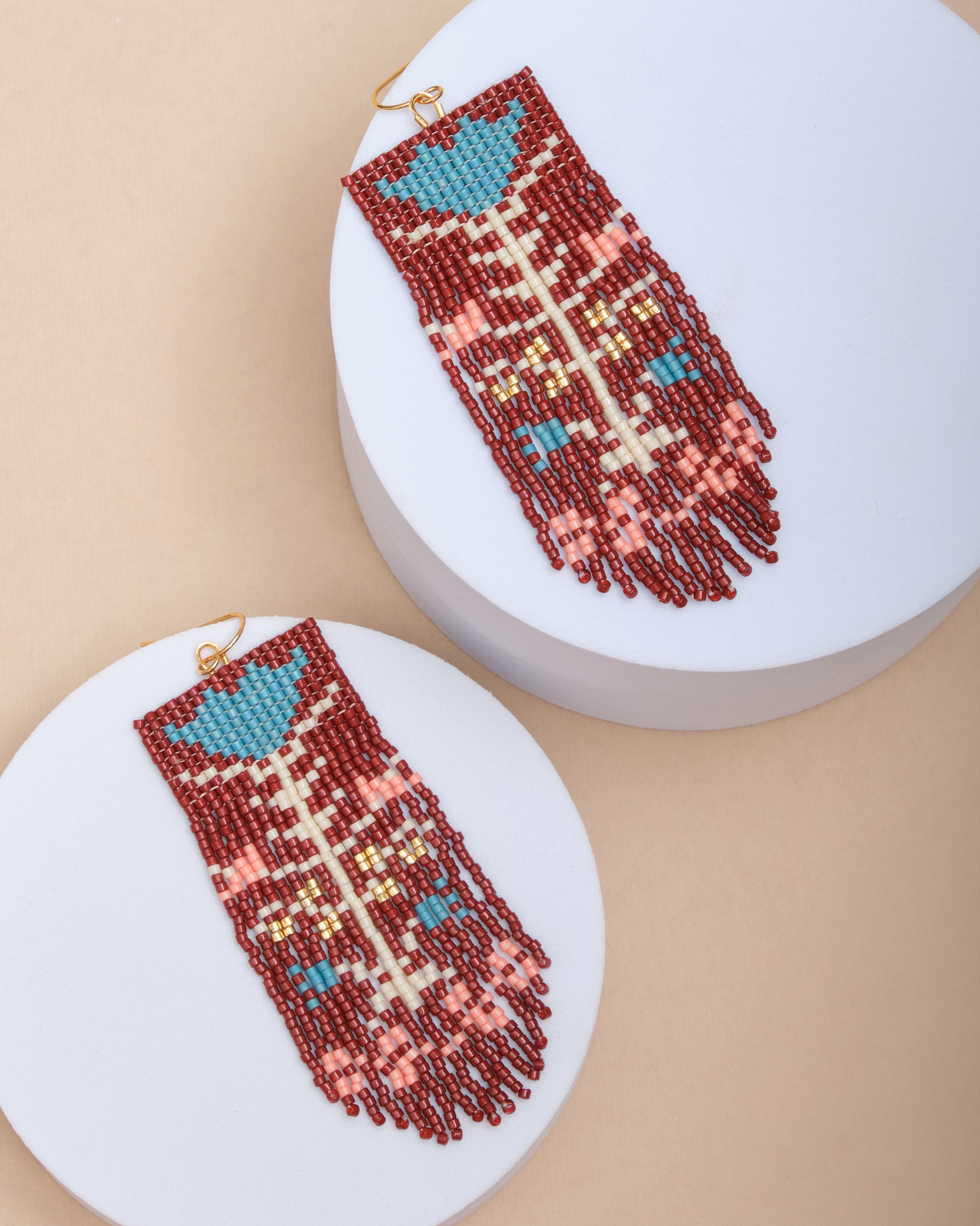 Beaded Handwoven Vintage Flower Fringe Earrings - Brown/Blue