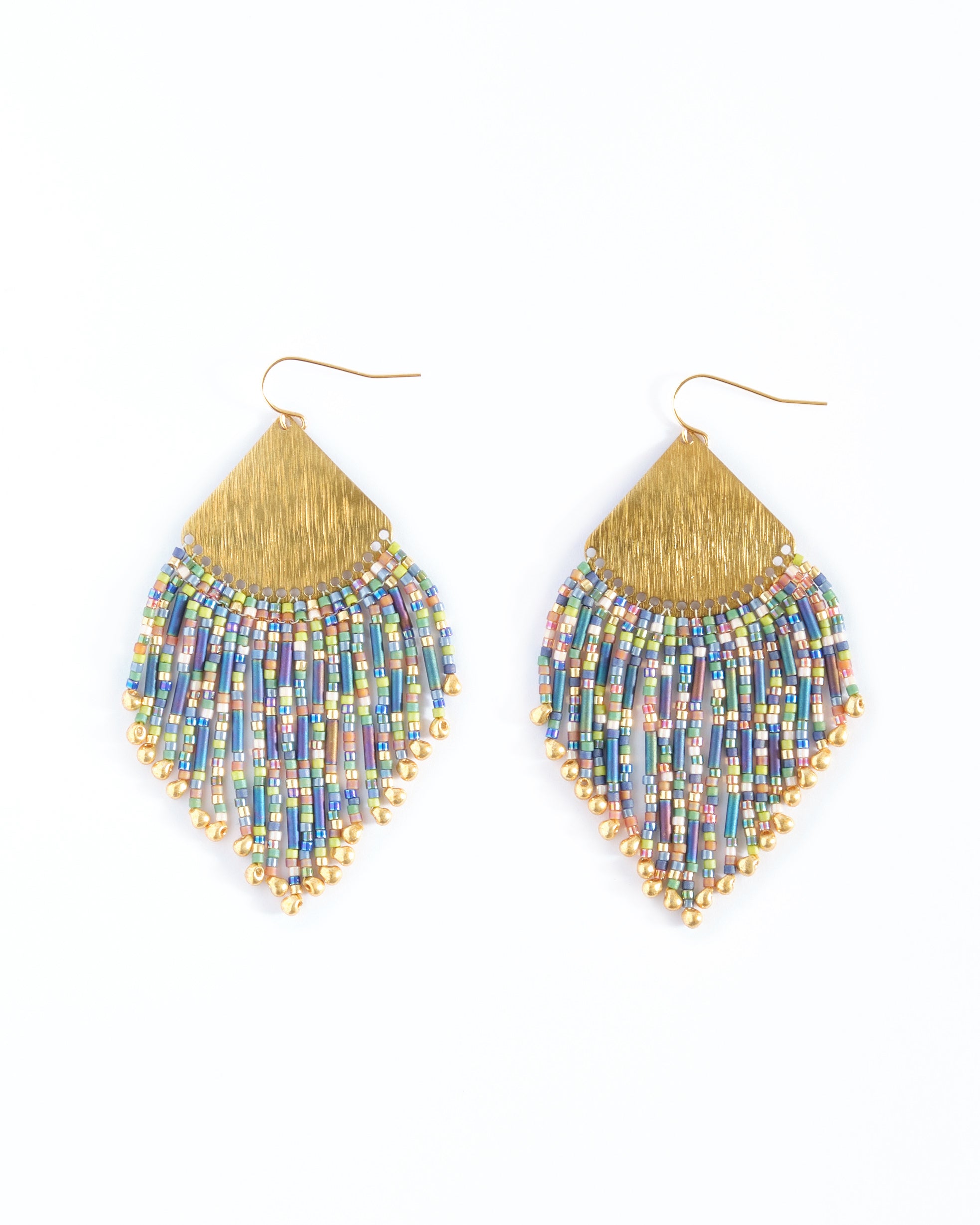 Beaded Handwoven Confetti Fringe Earrings - Blue/Green