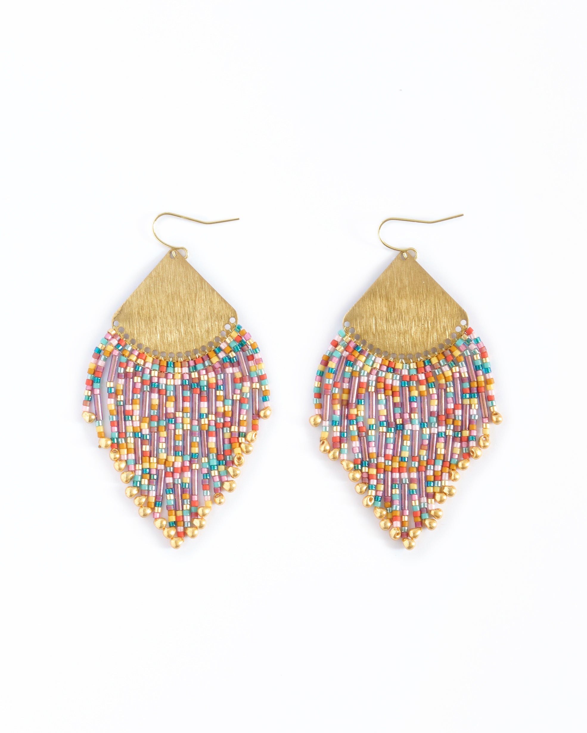 Beaded Handwoven Confetti Fringe Earrings - Rust/Purple