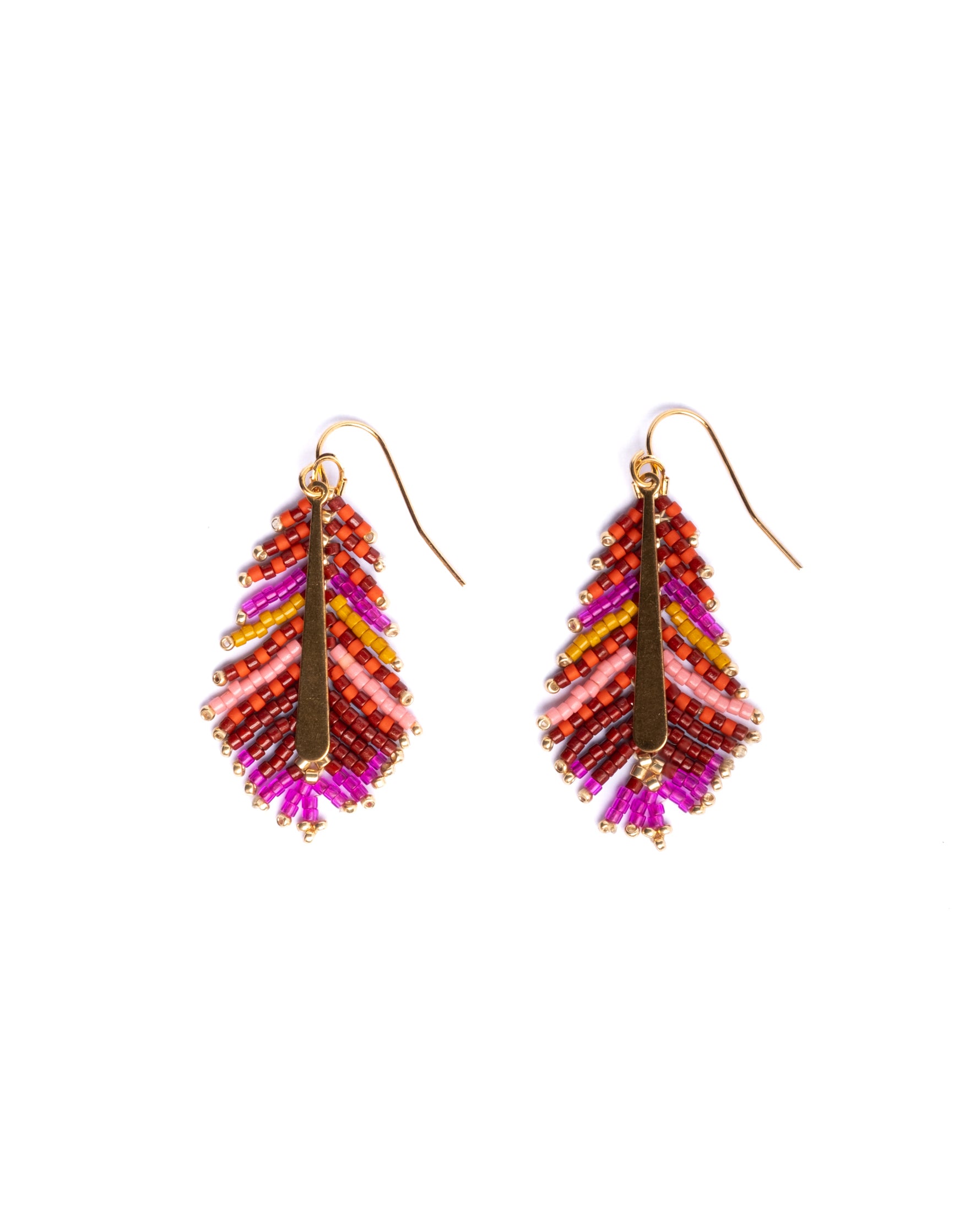 Beaded Handwoven Gilded Feather Earrings - Magenta/Orange