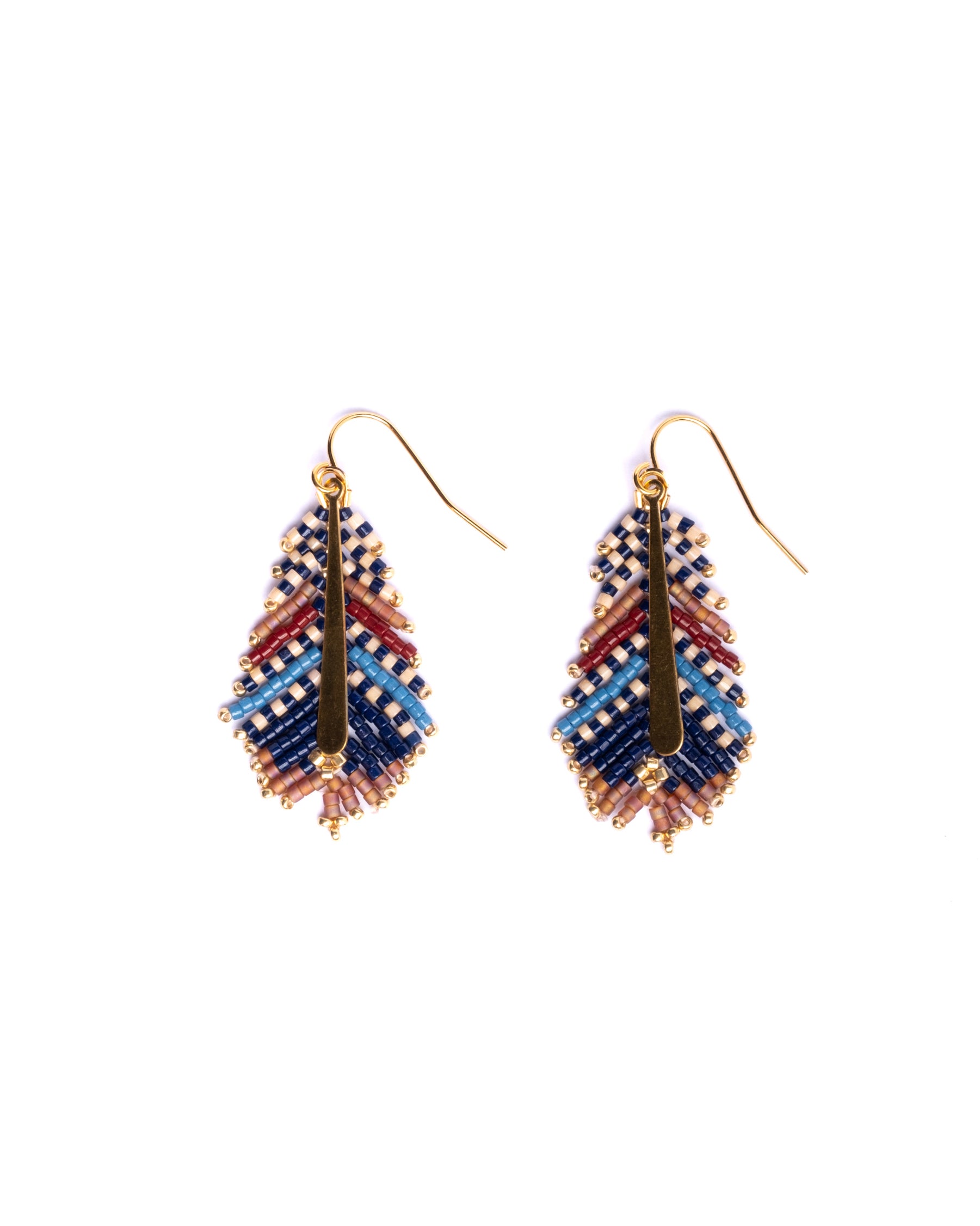 Beaded Handwoven Gilded Feather Earrings - Blue/Brown
