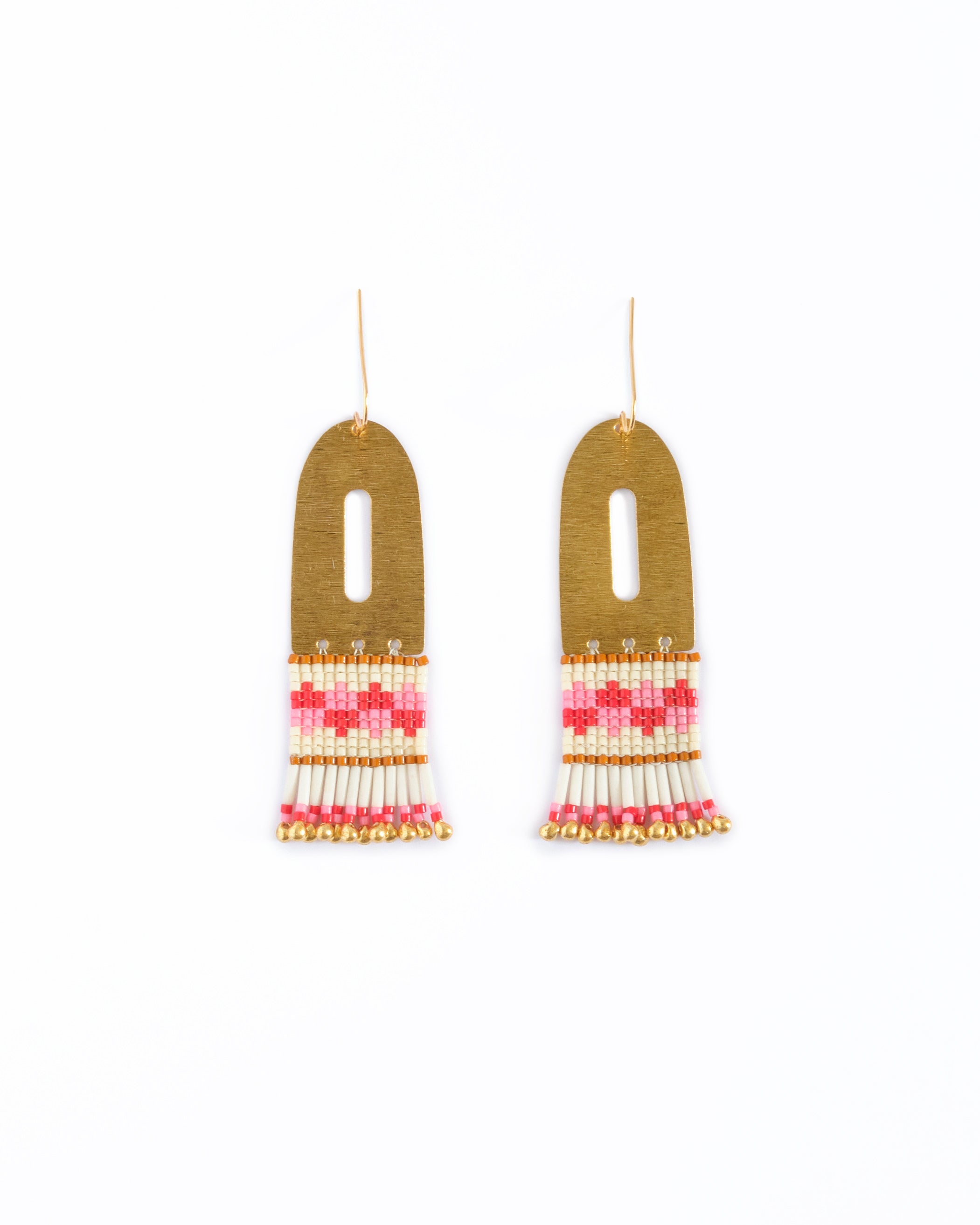Beaded Handwoven Color Block Earrings - Pink/Red