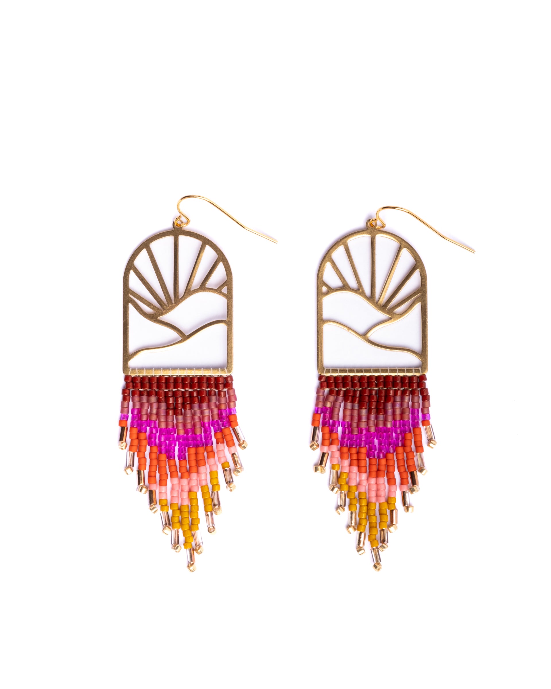 Beaded Handwoven Sedona Fringe Earrings - Magenta/Orange