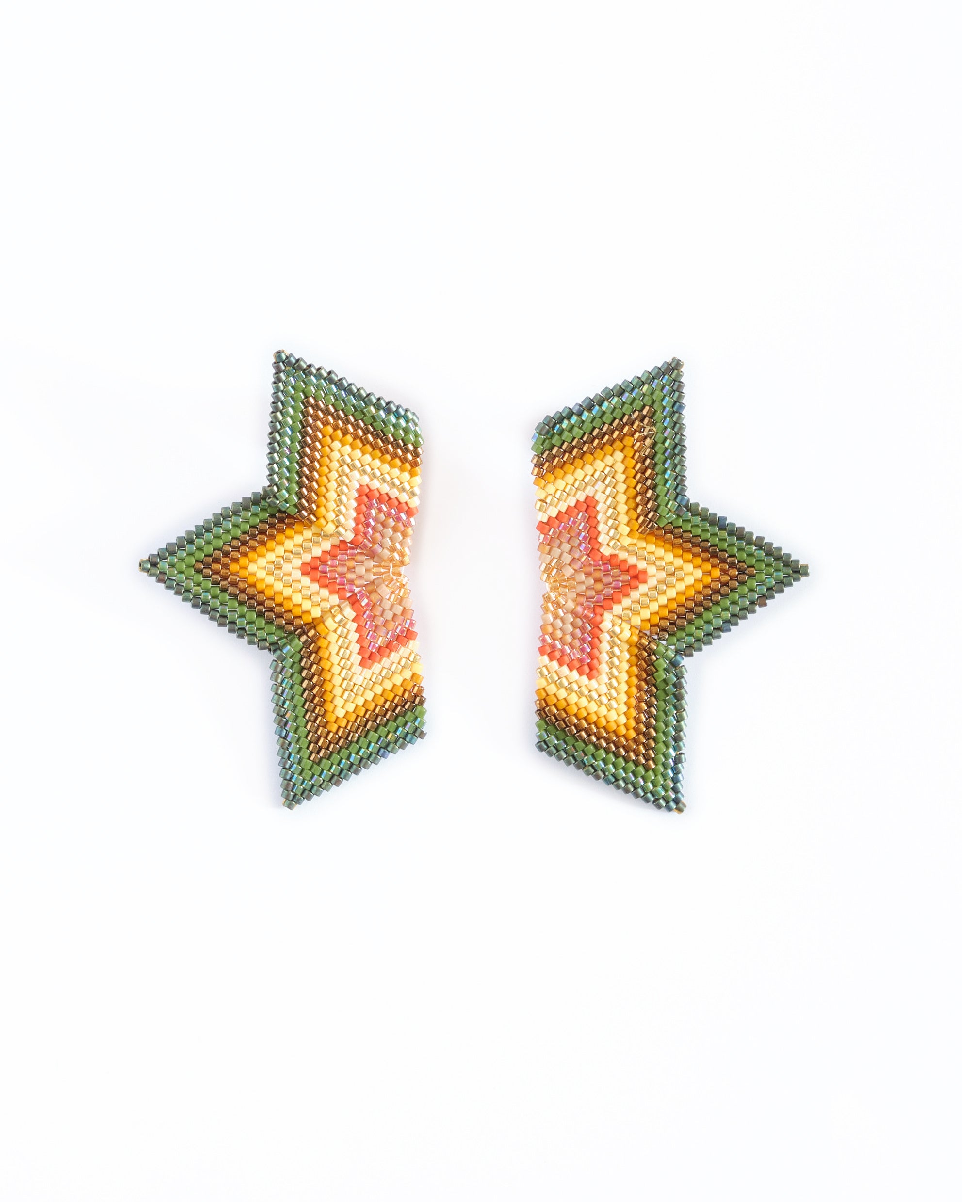 Beaded Handwoven Large Half Star Earrings - Olive/Gold
