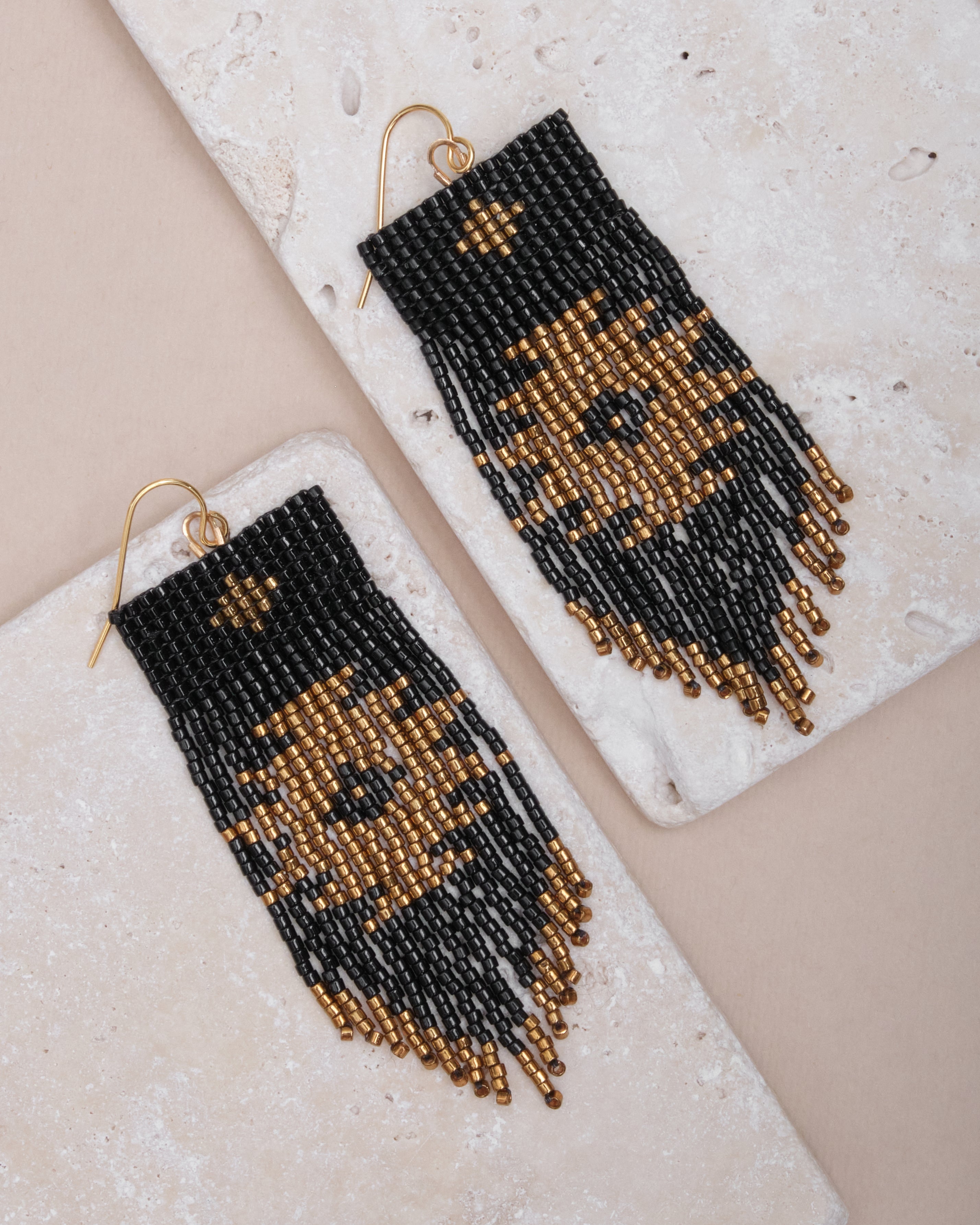 Beaded Handwoven Tribal Fringe Earrings - Black/Bronze