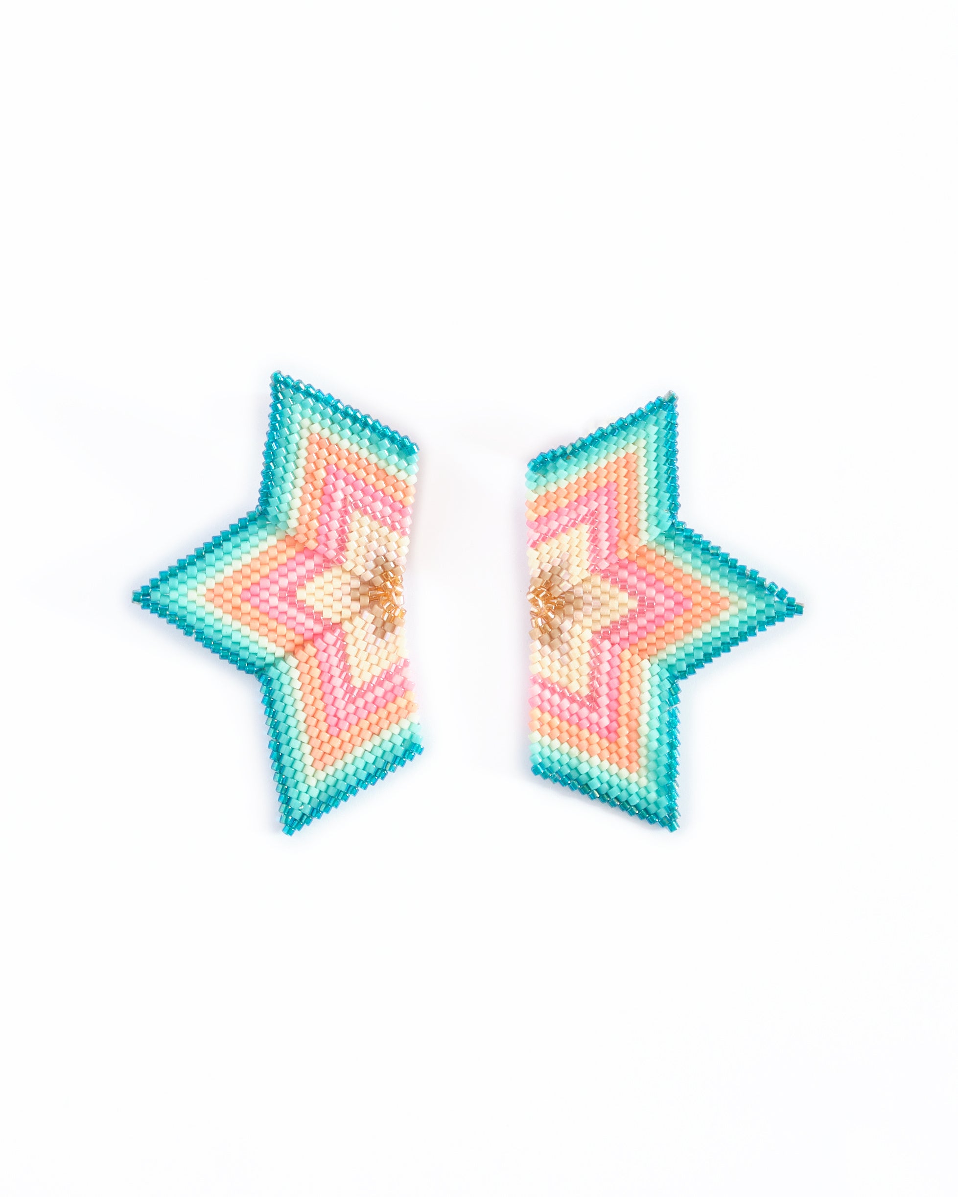 Beaded Handwoven Large Half Star Earrings - Aqua/Pink