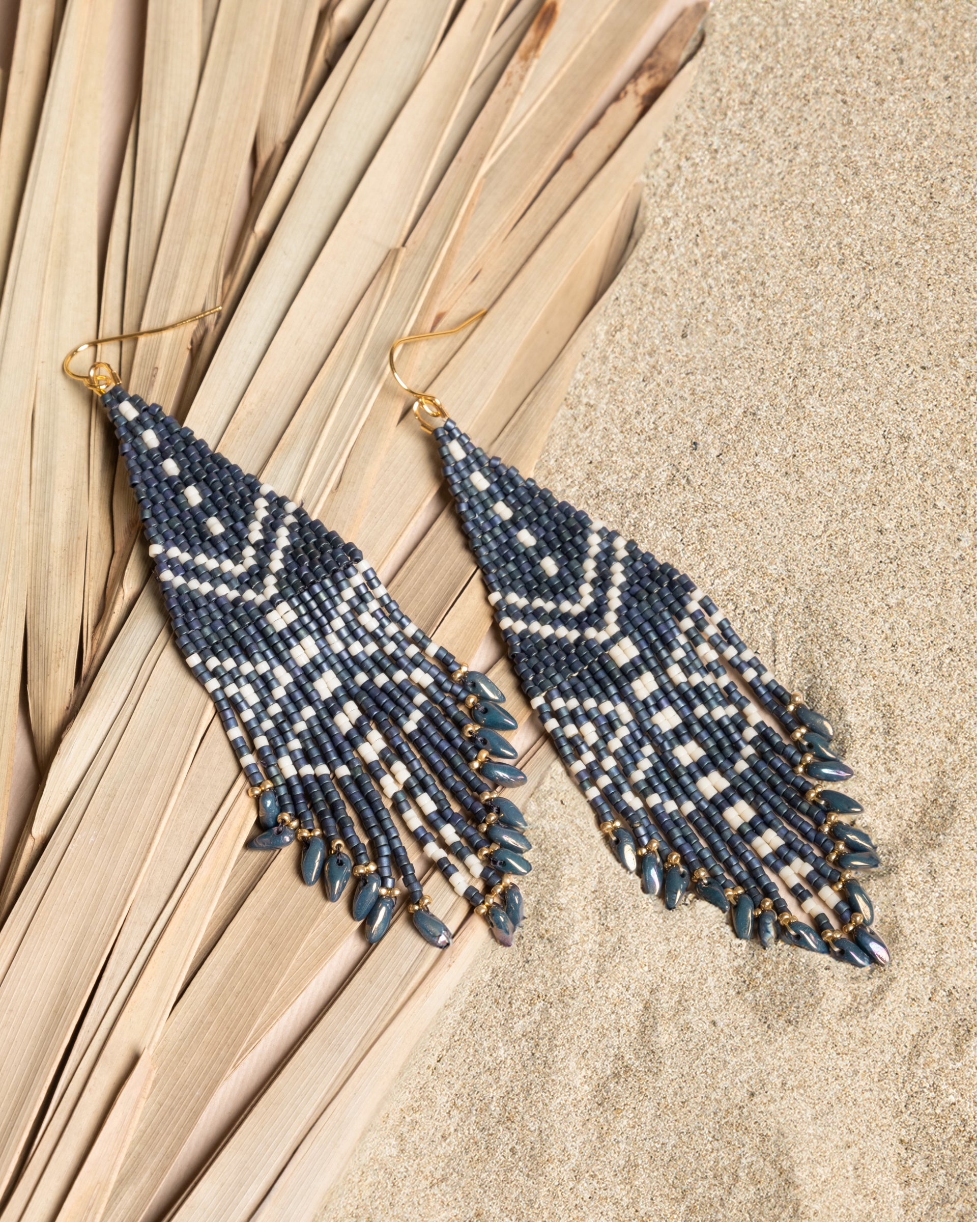 Beaded Handwoven Taos Fringe Earrings - Teal