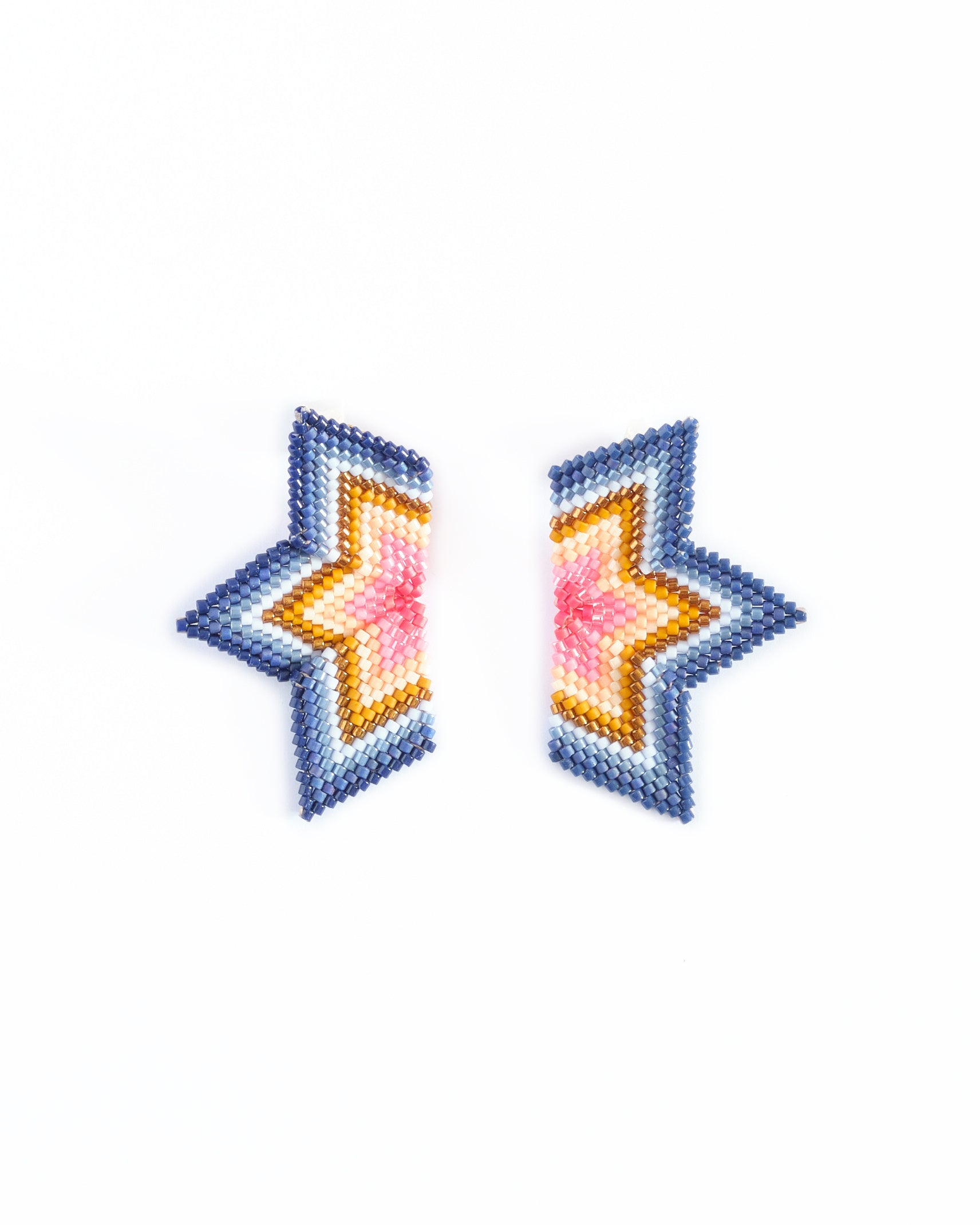 Beaded Handwoven Medium Half Star Earrings - Blue/Pink