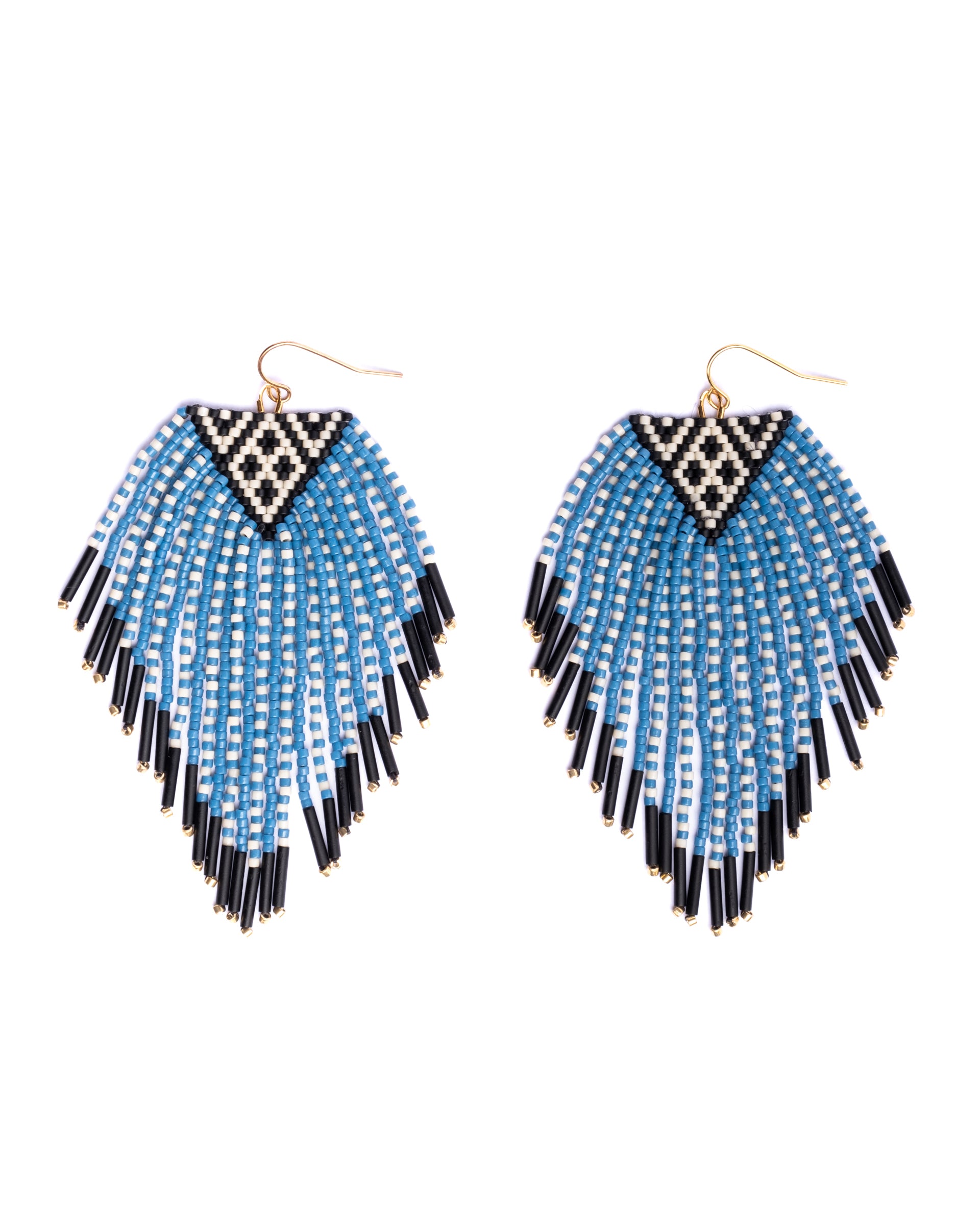 Beaded Handwoven Sonoran Triangle Fringe Earrings - Blue