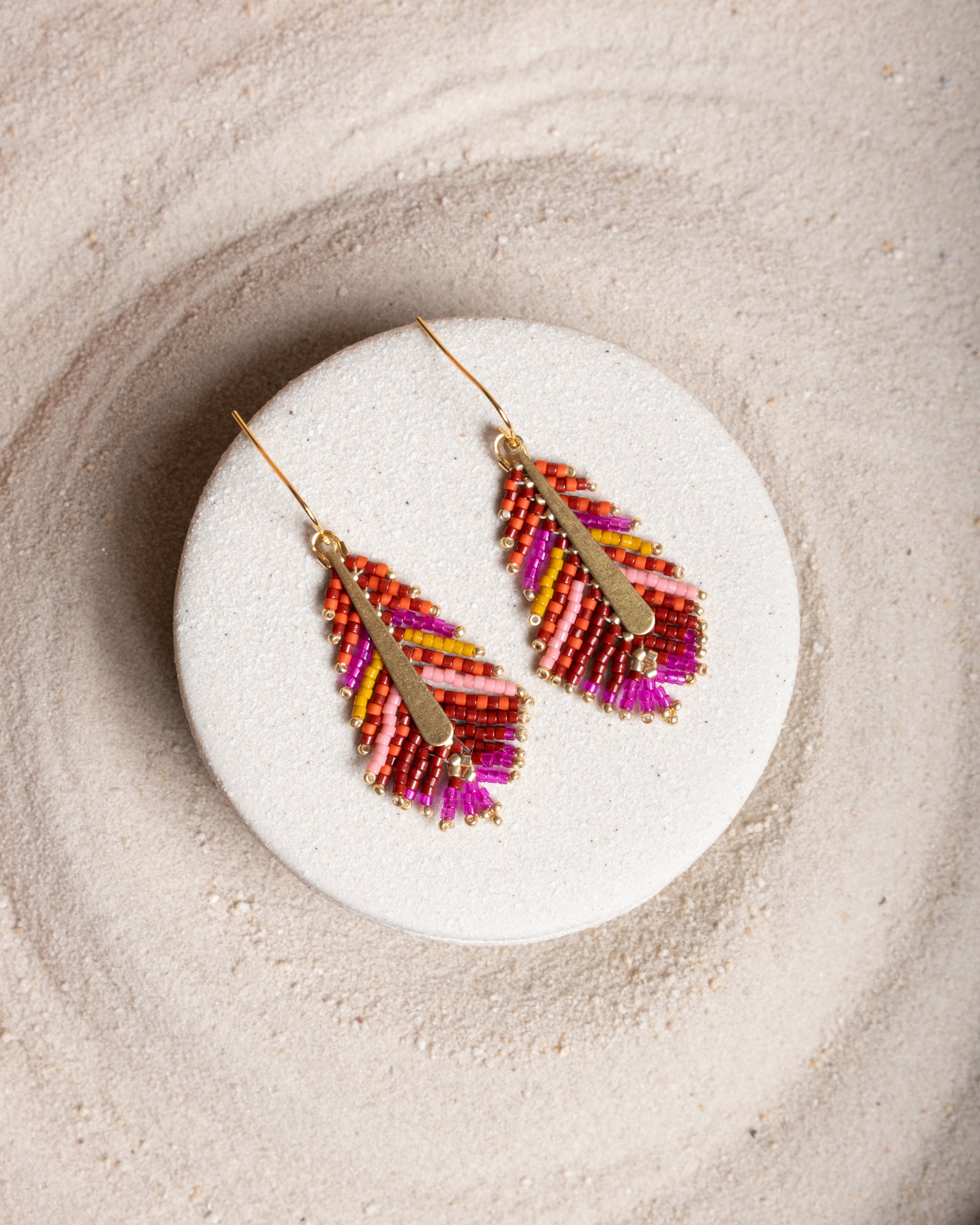 Beaded Handwoven Gilded Feather Earrings - Magenta/Orange
