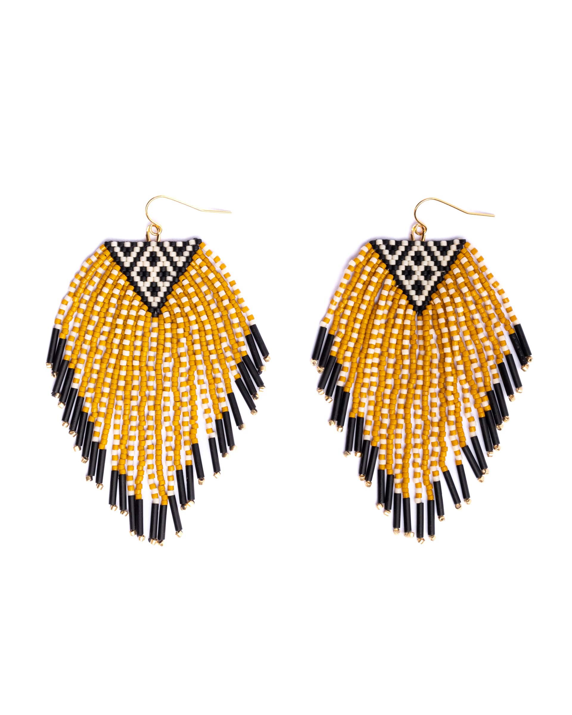 Beaded Handwoven Sonoran Triangle Fringe Earrings - Mustard