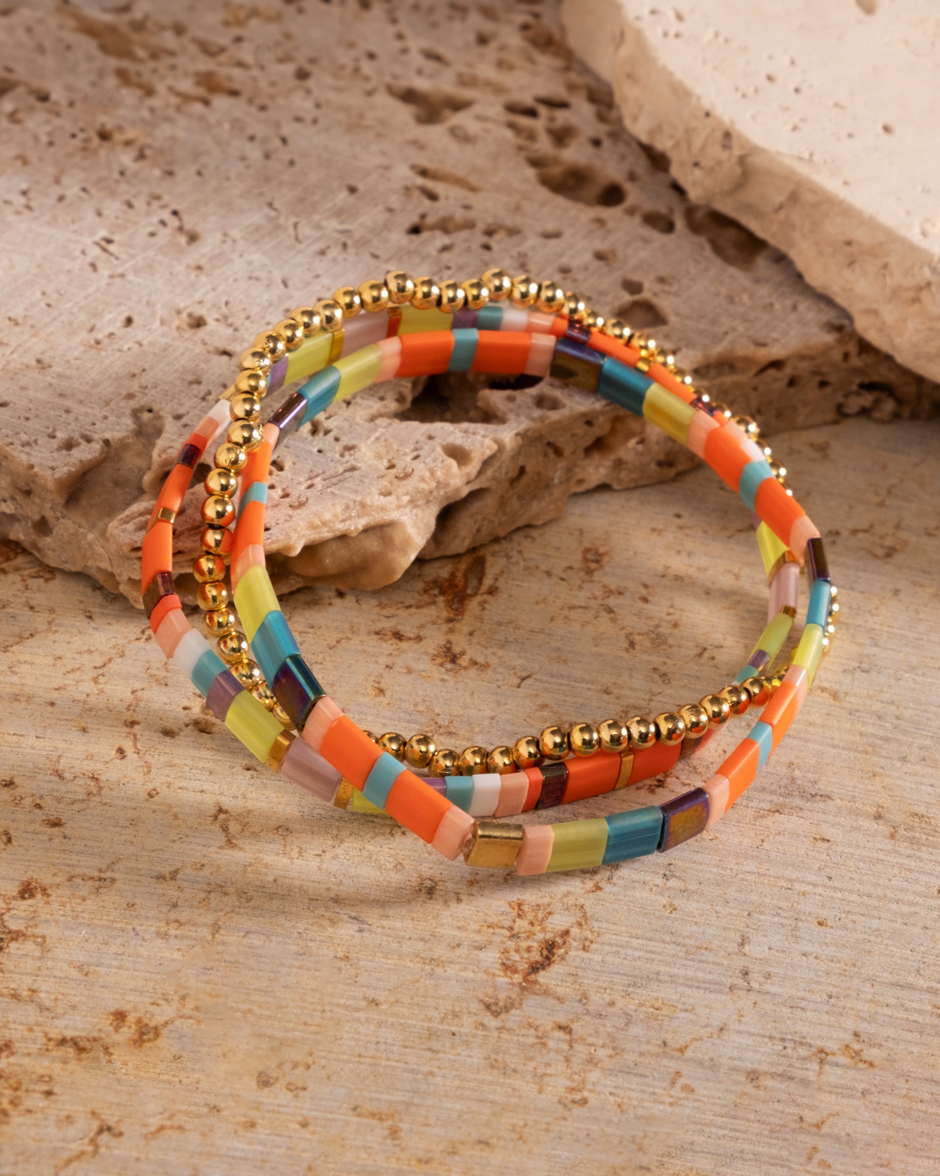 Miyuki Stretch Tila Bracelet Set of 3 - Orange/Aqua