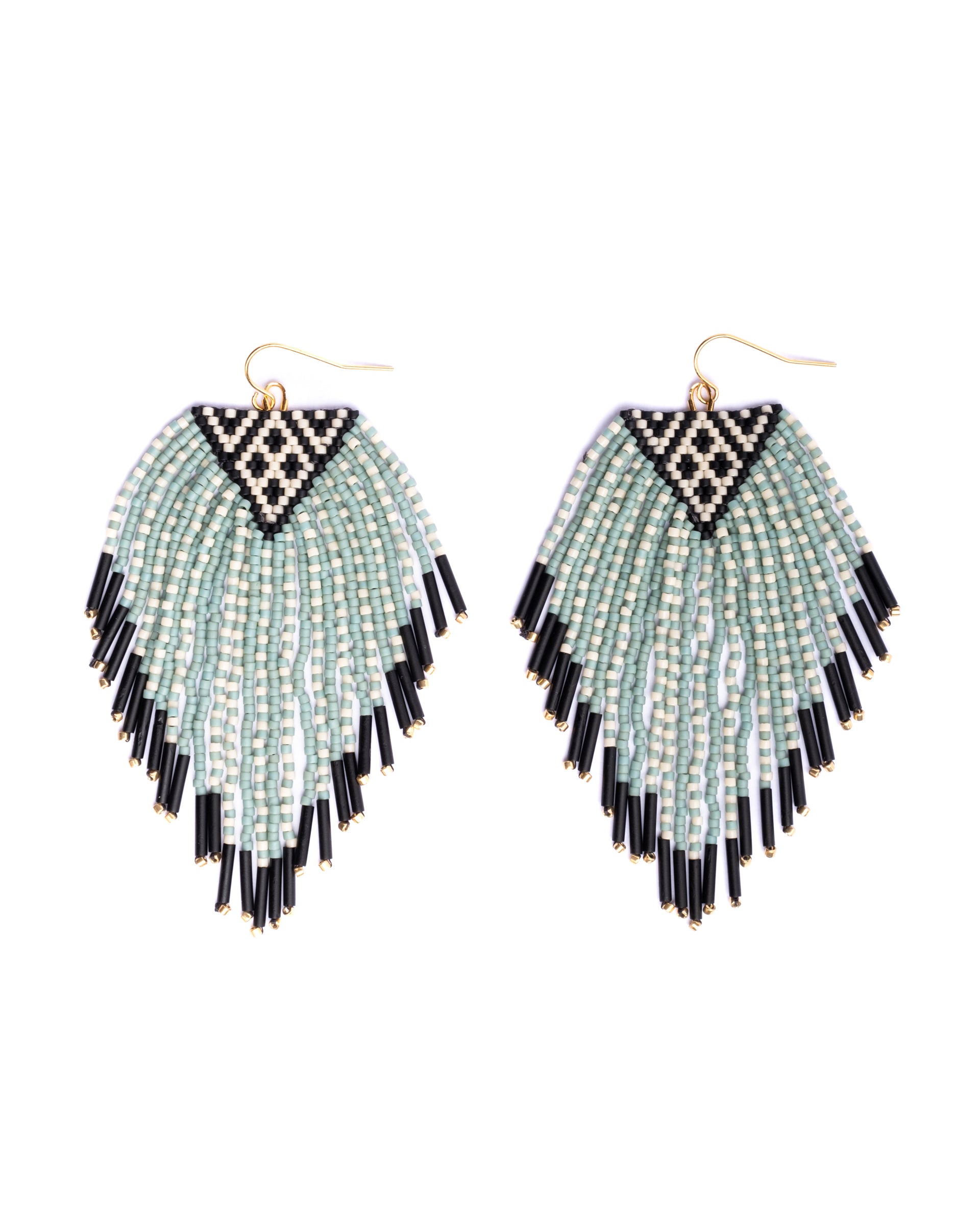 Beaded Handwoven Sonoran Triangle Fringe Earrings - Aqua