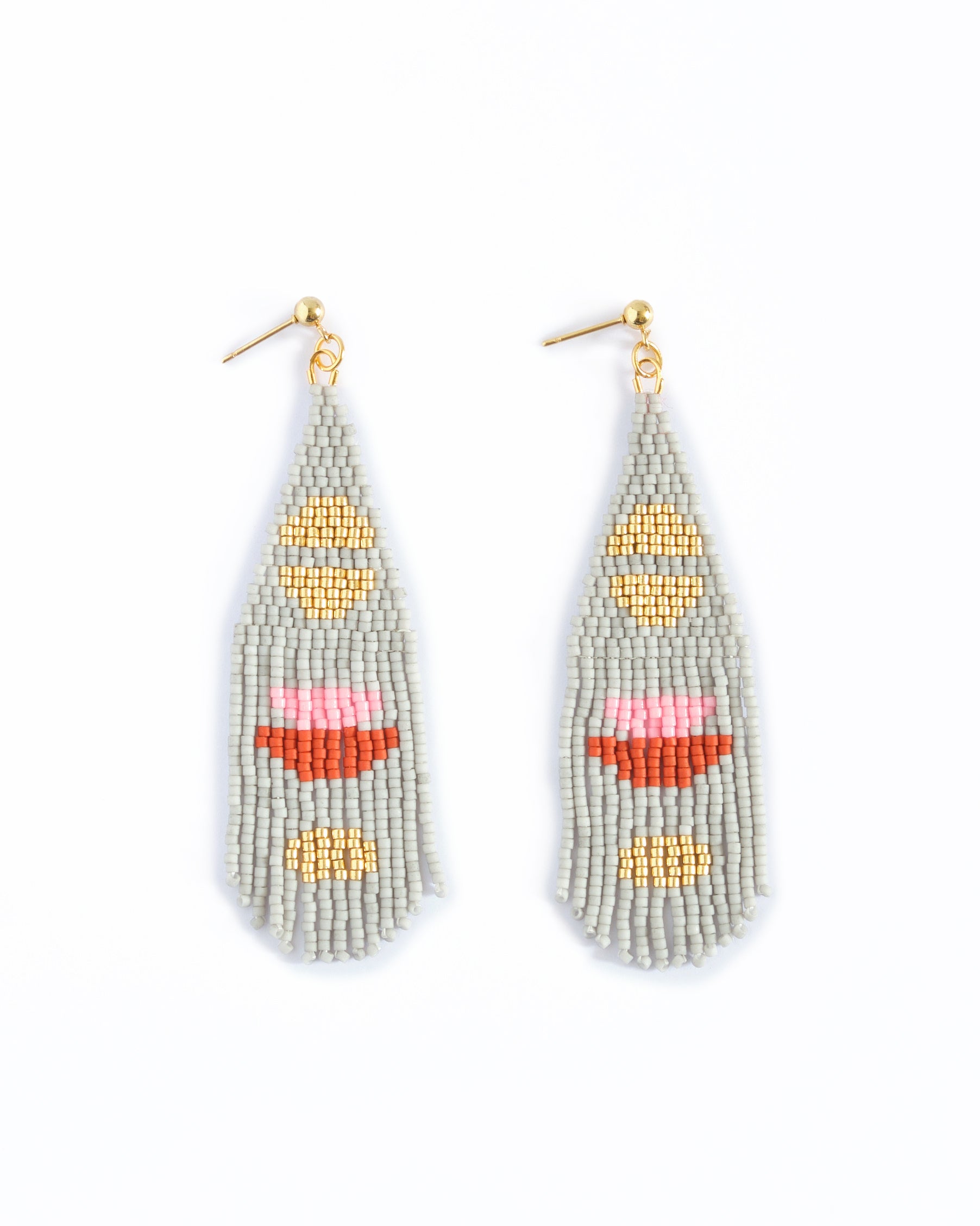 Beaded Handwoven Boho Half Moon Fringe Earrings - Grey
