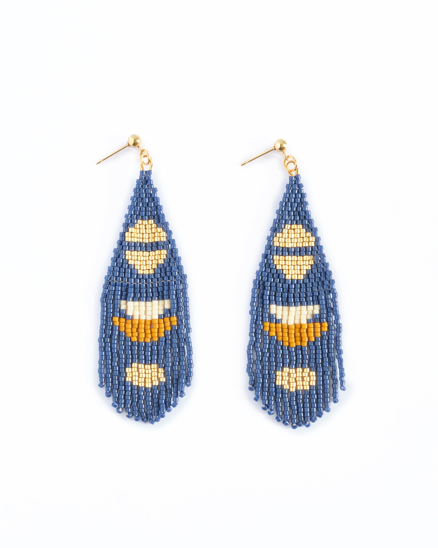 Beaded Handwoven Boho Half Moon Fringe Earrings - Blue