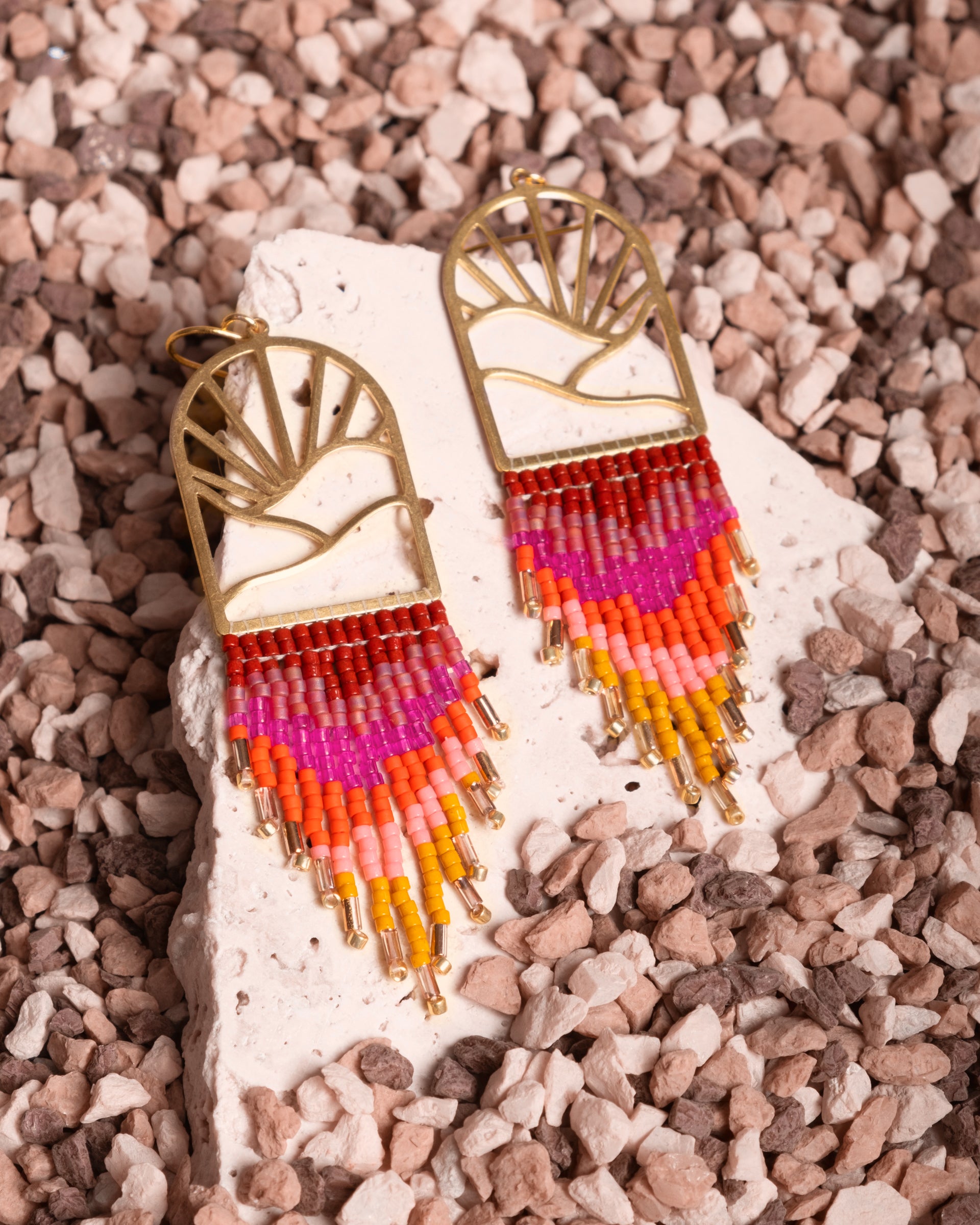 Beaded Handwoven Sedona Fringe Earrings - Magenta/Orange