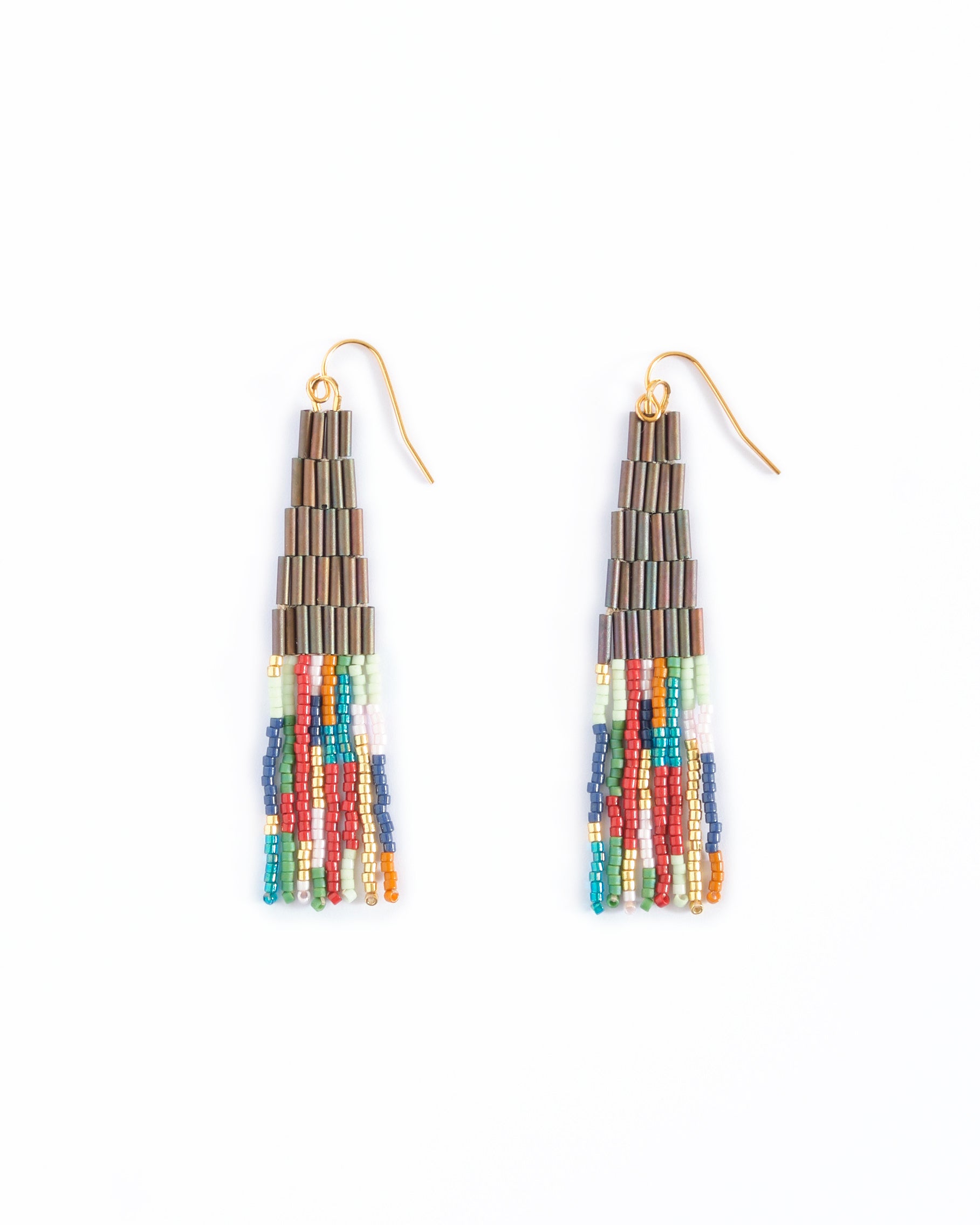Beaded Handwoven Abstract Linear and Tube Earrings - Brown