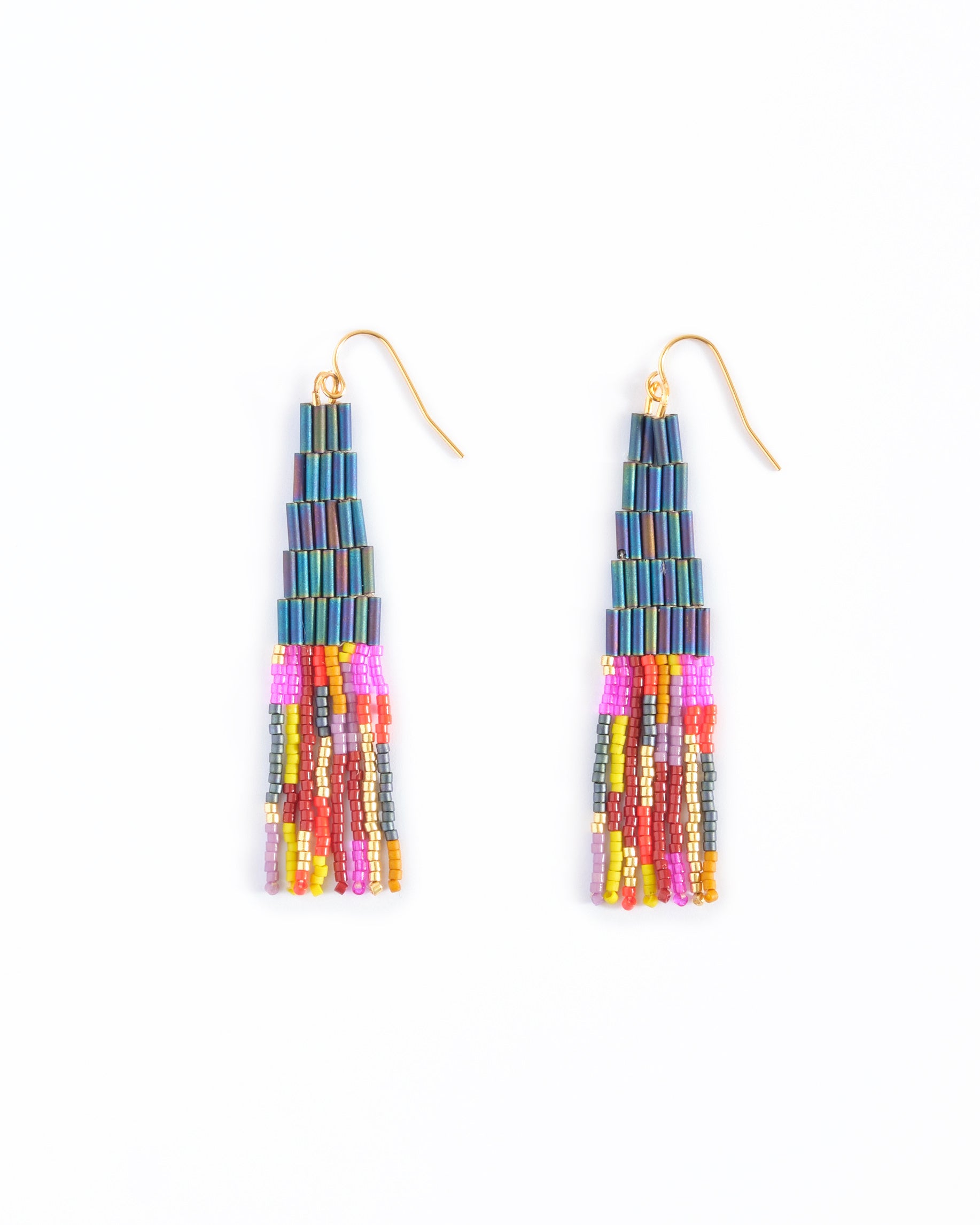 Beaded Handwoven Abstract Linear and Tube Earrings - Teal