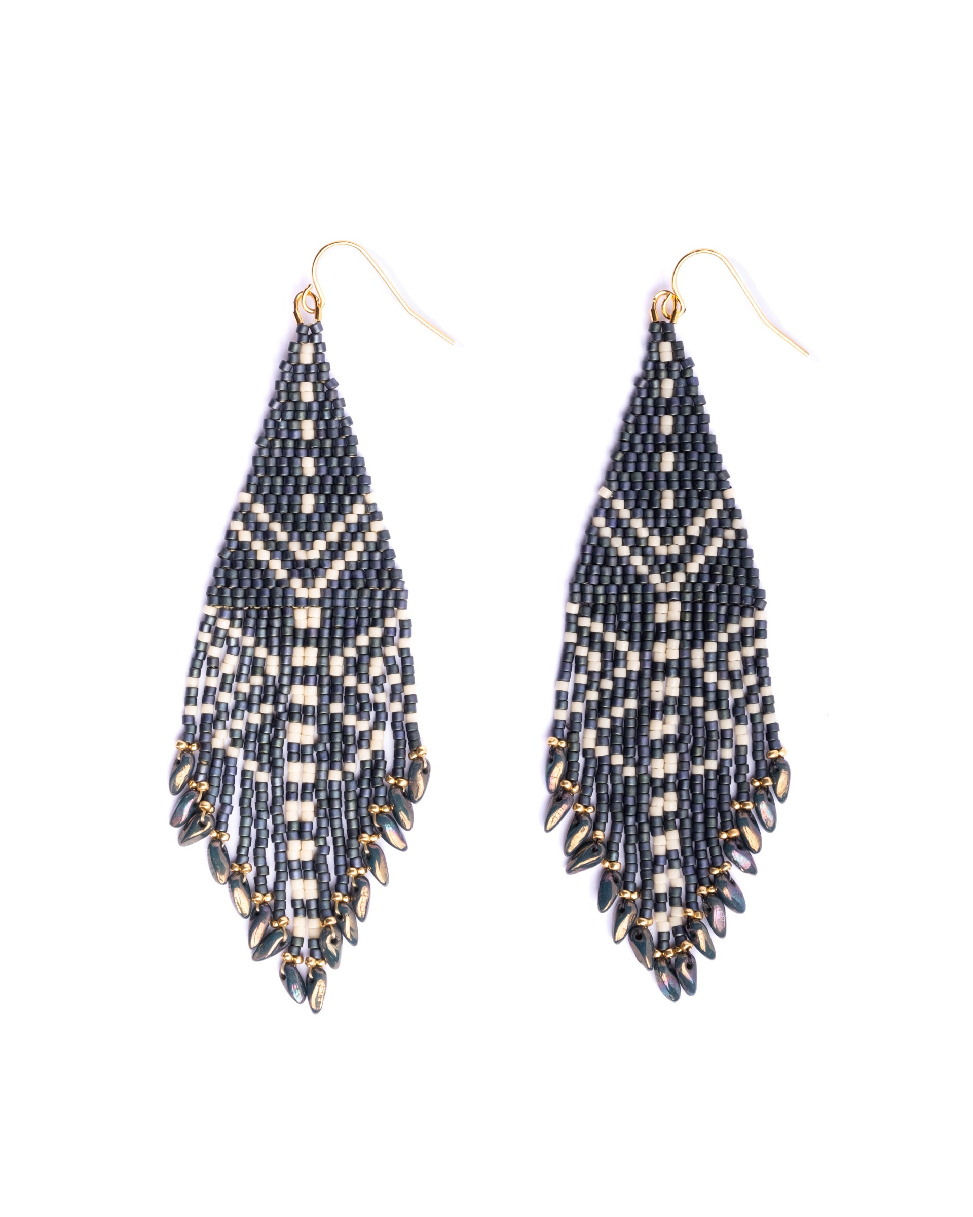 Beaded Handwoven Taos Fringe Earrings - Teal