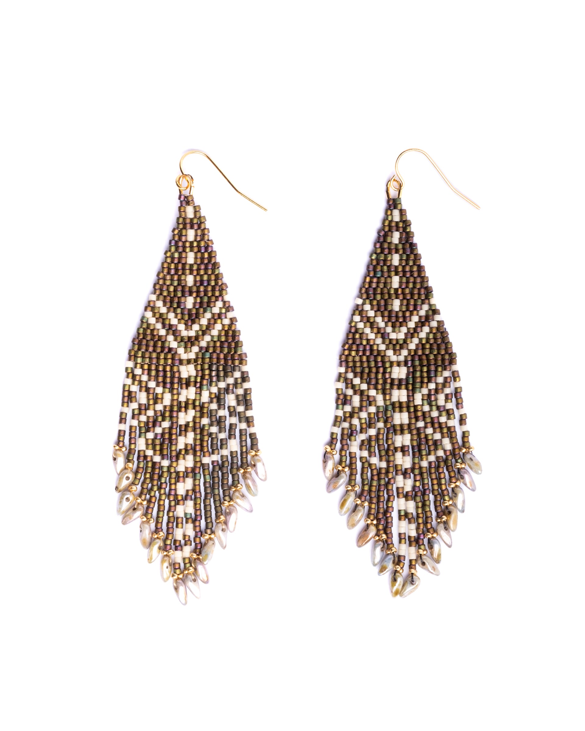 Beaded Handwoven Taos Fringe Earrings - Dark Brown