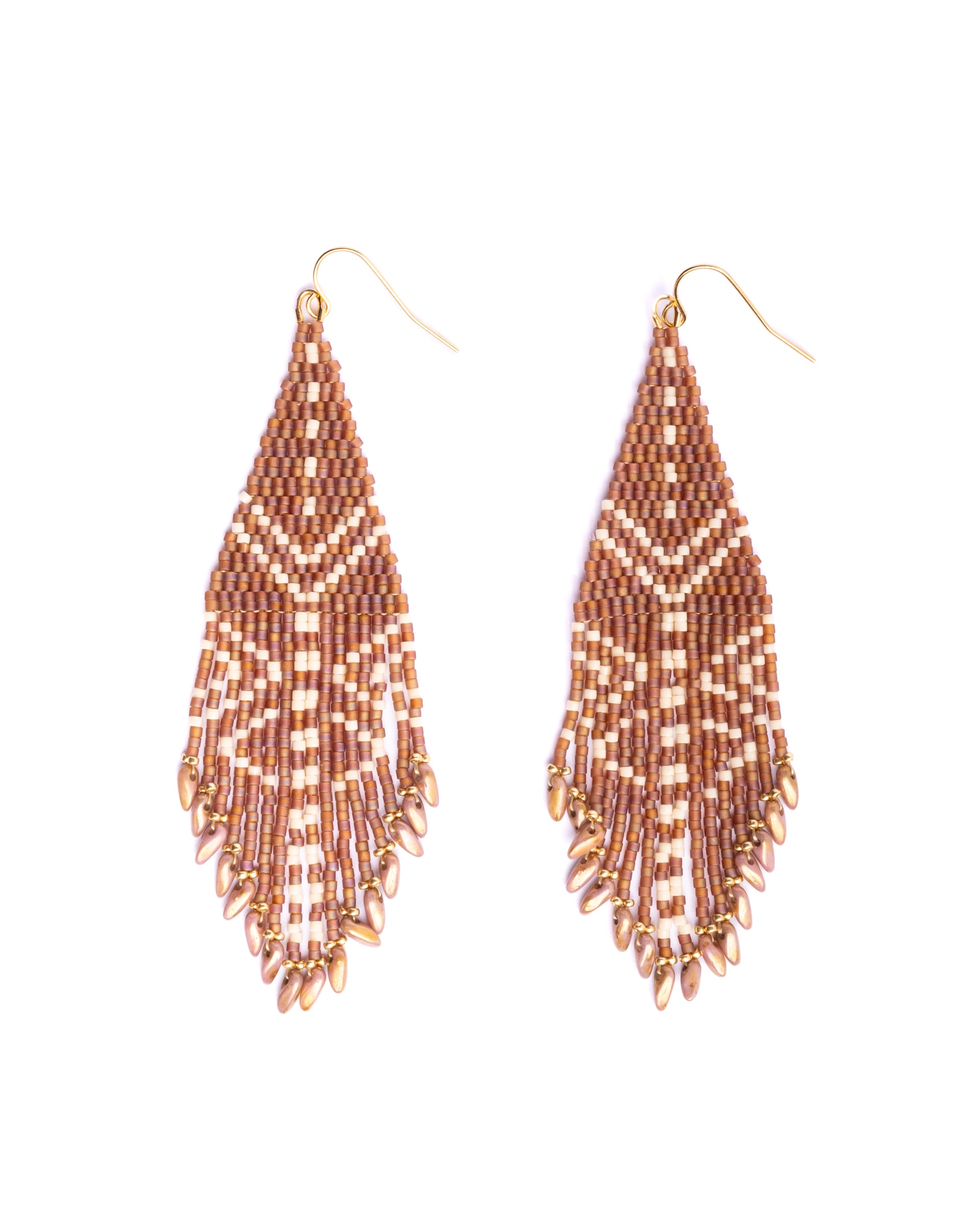 Beaded Handwoven Taos Fringe Earrings - Light Brown