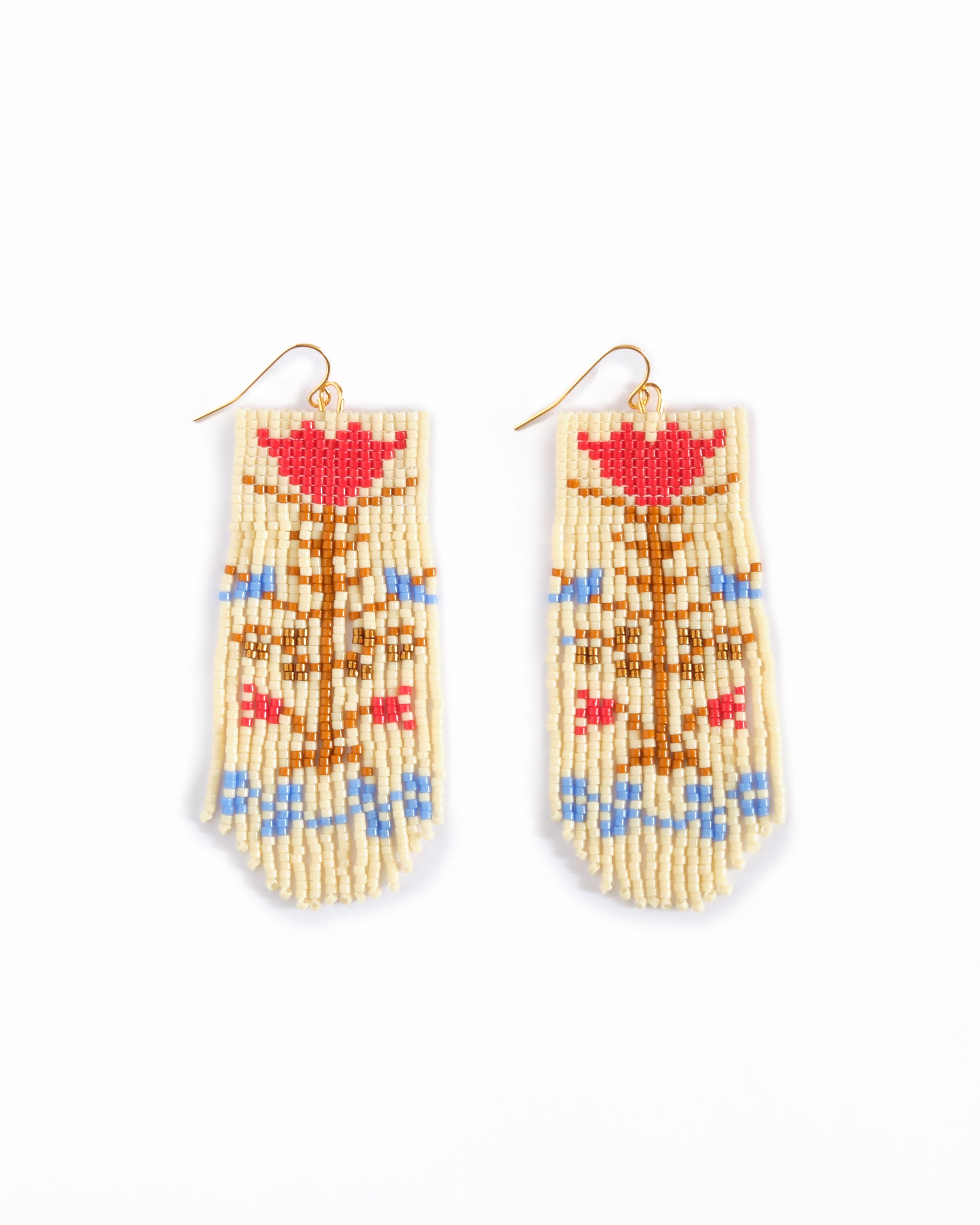 Beaded Handwoven Vintage Flower Fringe Earrings - Cream/Red