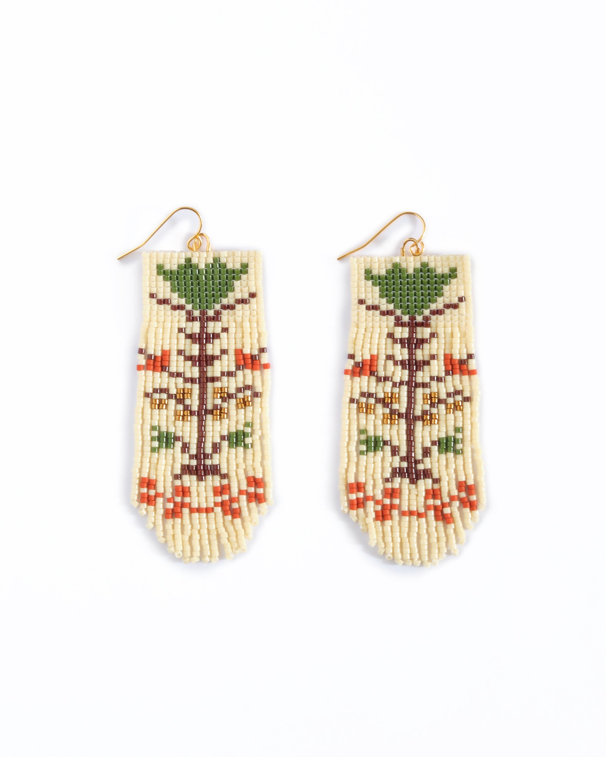 Beaded Handwoven Vintage Flower Fringe Earrings - Cream/Green
