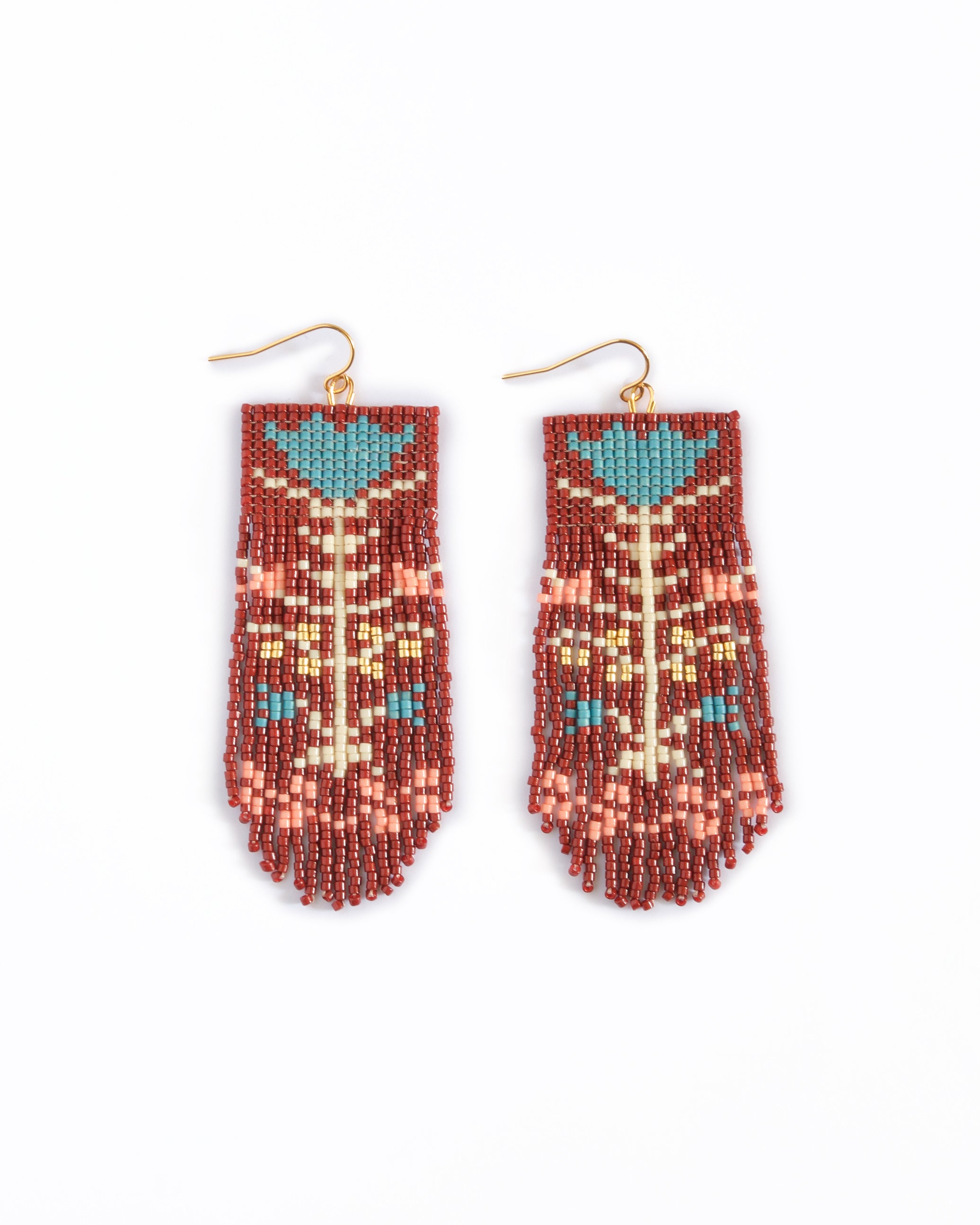 Beaded Handwoven Vintage Flower Fringe Earrings - Brown/Blue