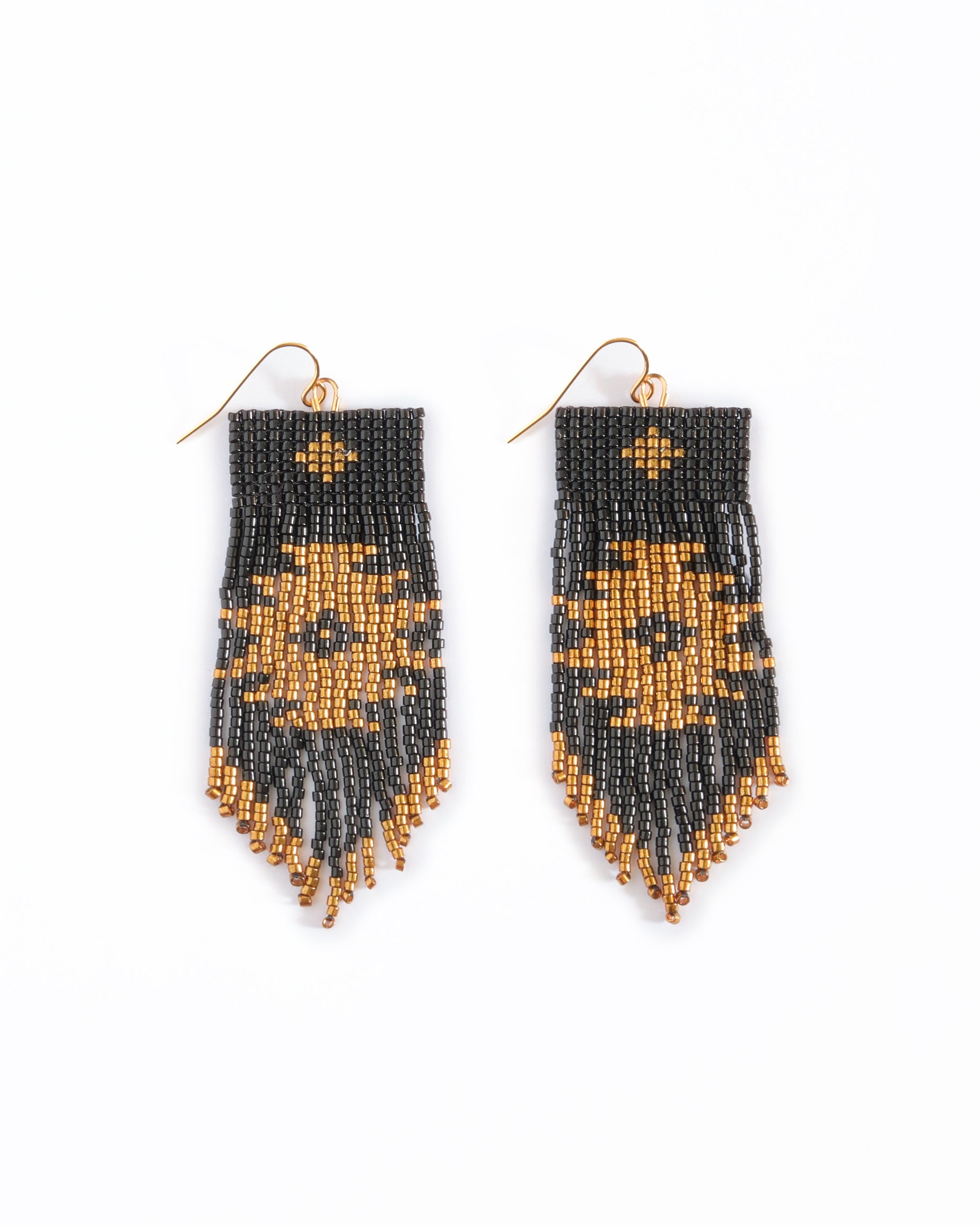 Beaded Handwoven Tribal Fringe Earrings - Black/Bronze
