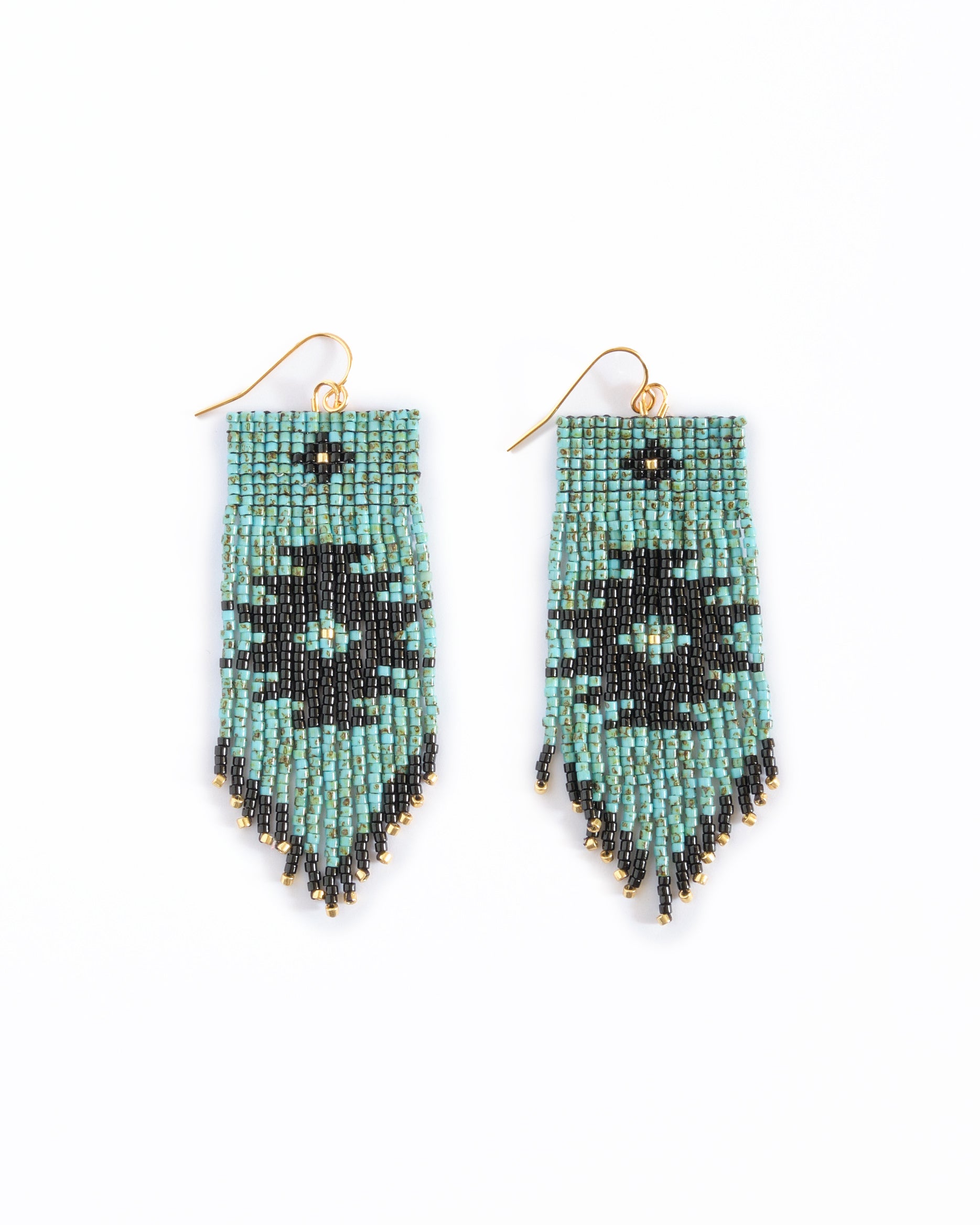 Beaded Handwoven Tribal Fringe Earrings - Aqua/Black