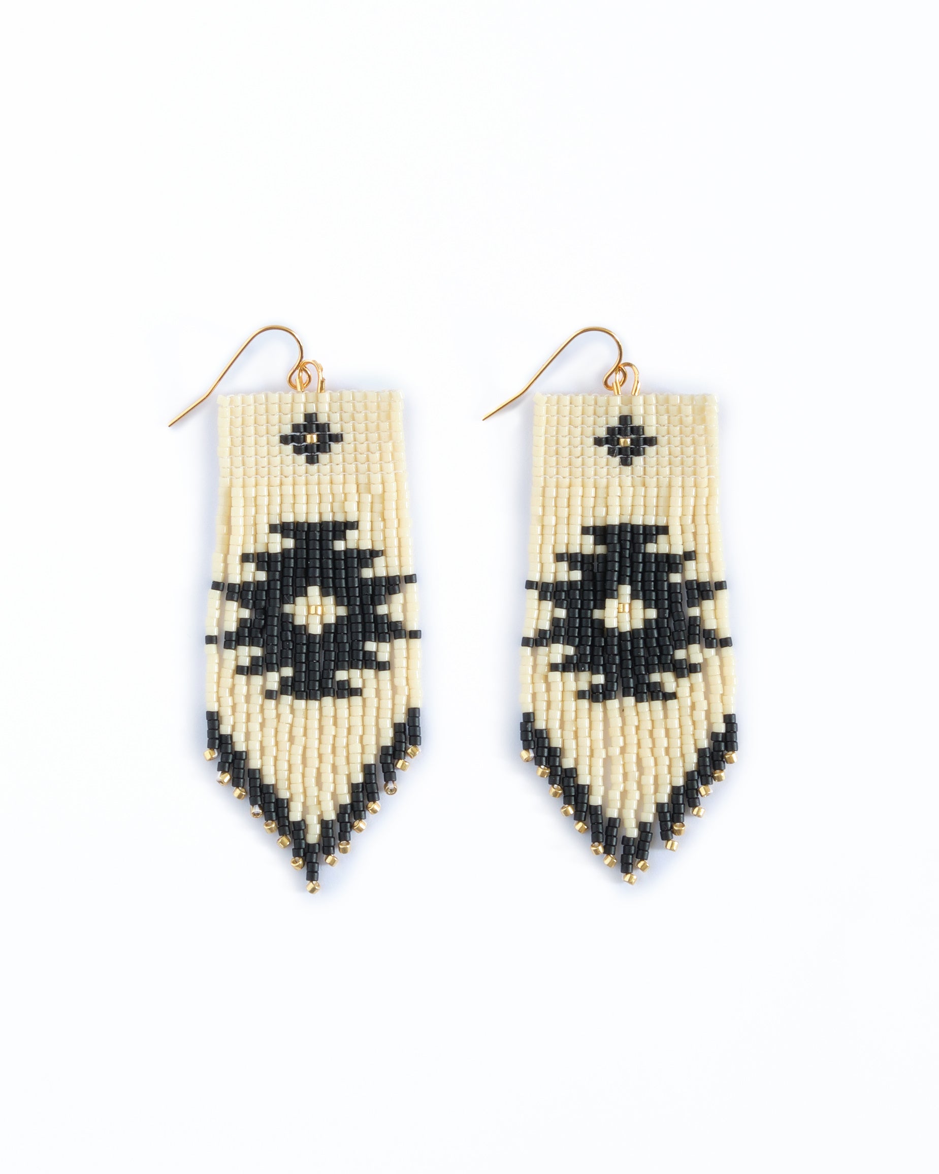 Beaded Handwoven Tribal Fringe Earrings - Cream/Black