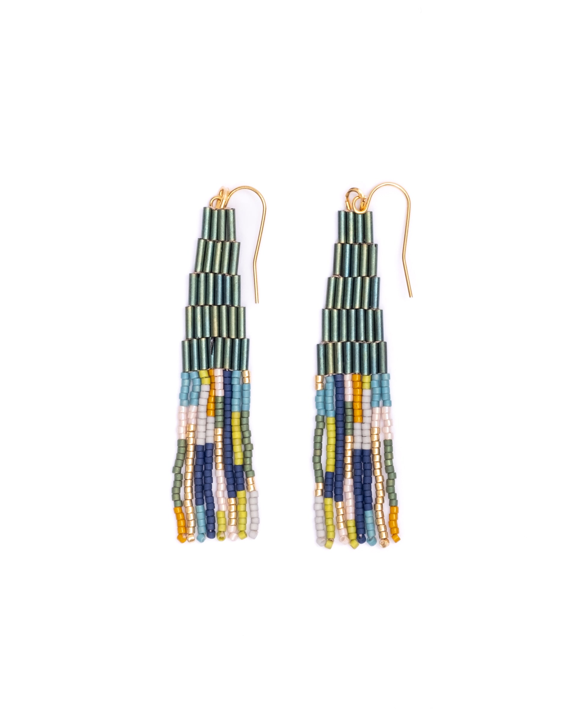 Beaded Handwoven Abstract Linear and Tube Earrings - Emerald