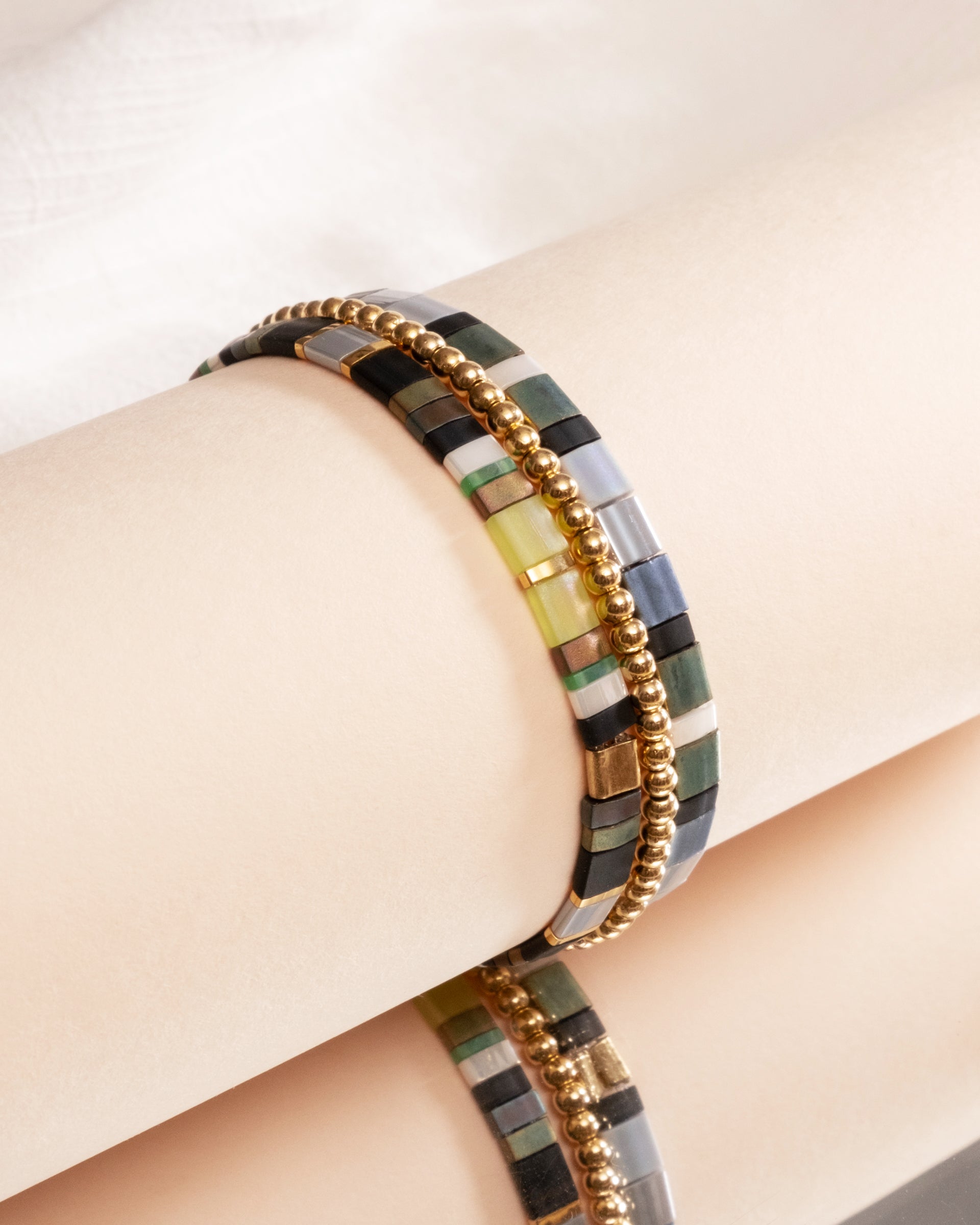 Miyuki Stretch Tila Bracelet Set of 3 - Green/Grey