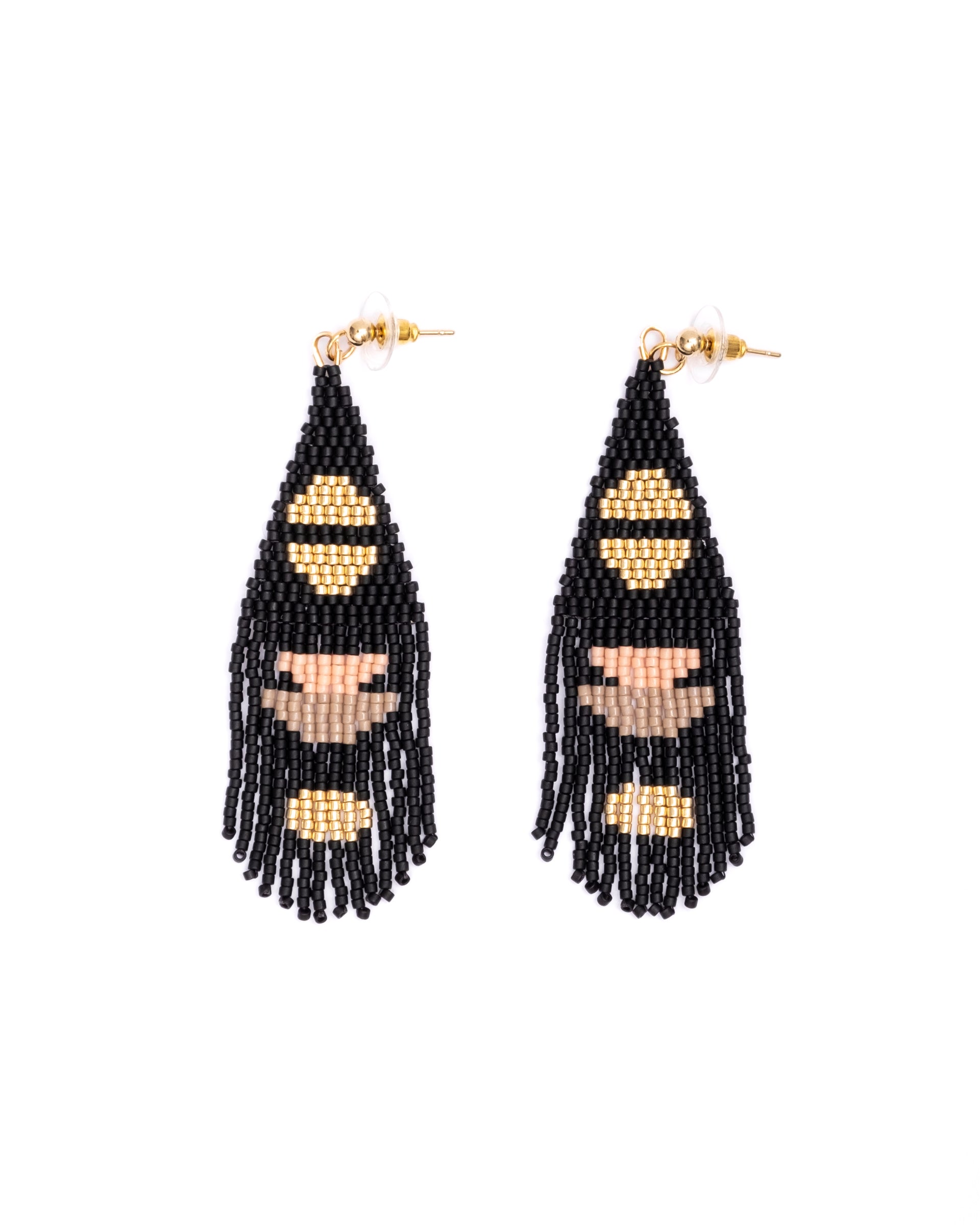 Beaded Handwoven Boho Half Moon Fringe Earrings - Black