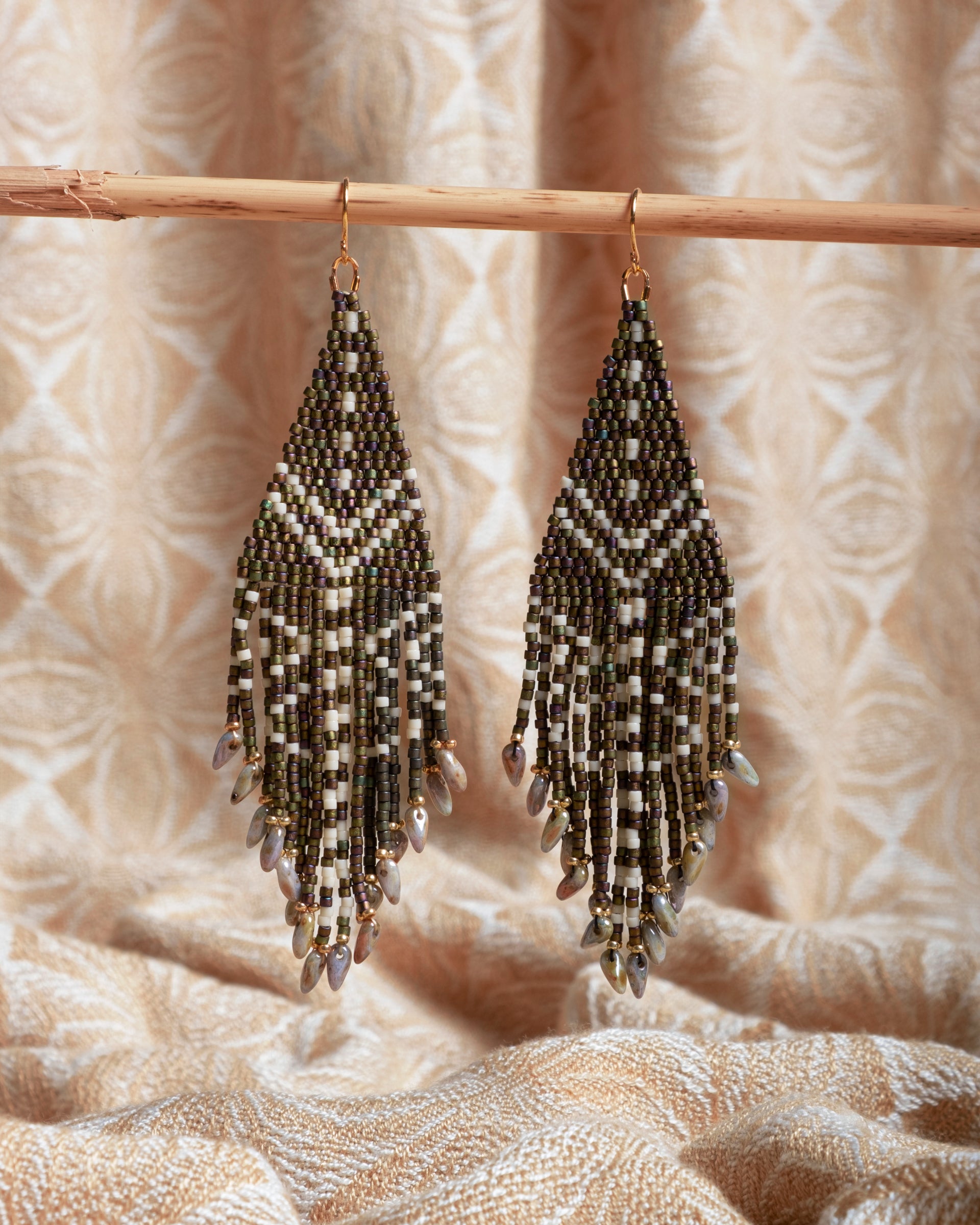 Beaded Handwoven Taos Fringe Earrings - Dark Brown