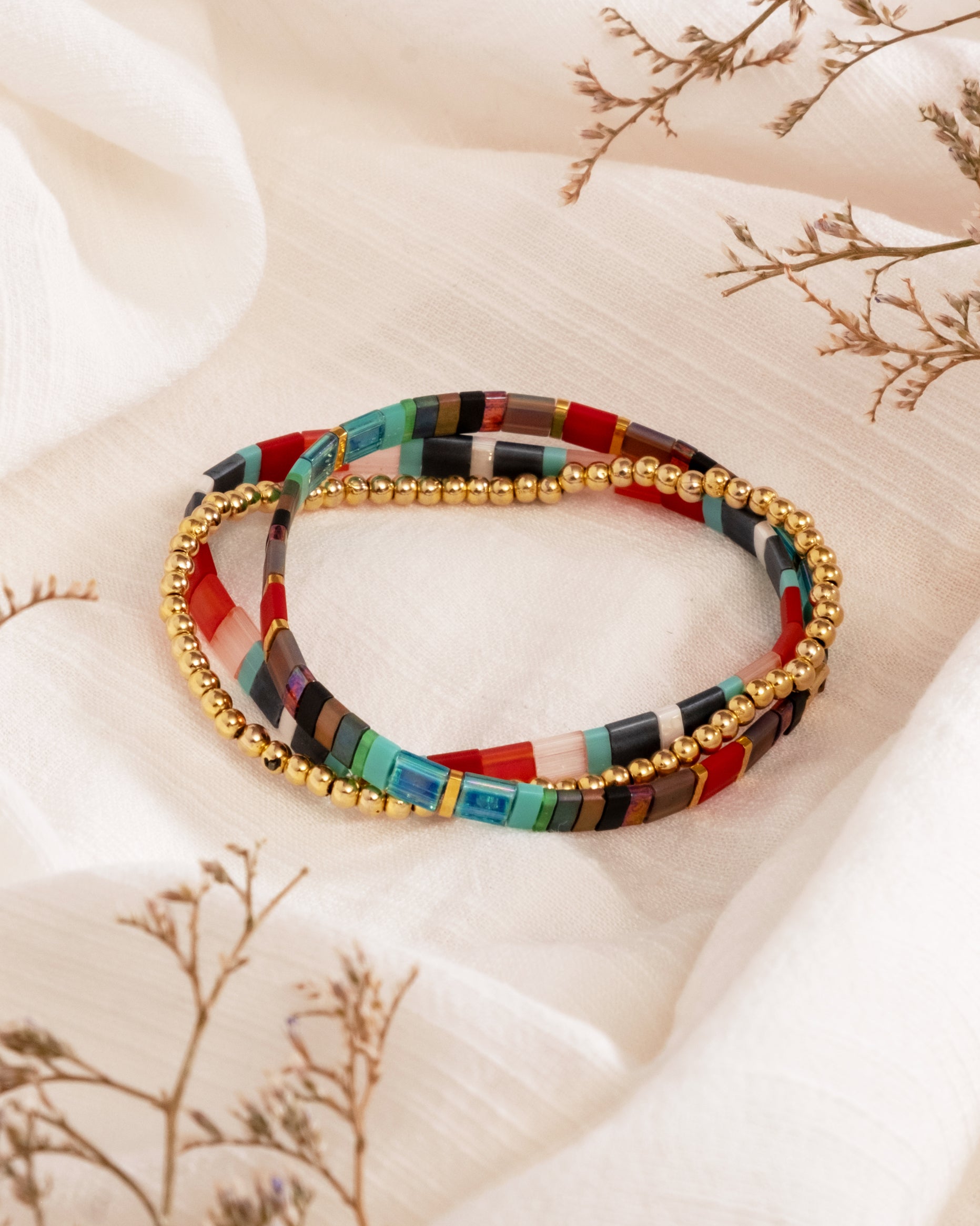Miyuki Stretch Tila Bracelet Set of 3 - Red/Aqua