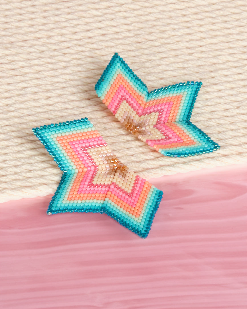 Beaded Handwoven Large Half Star Earrings - Aqua/Pink