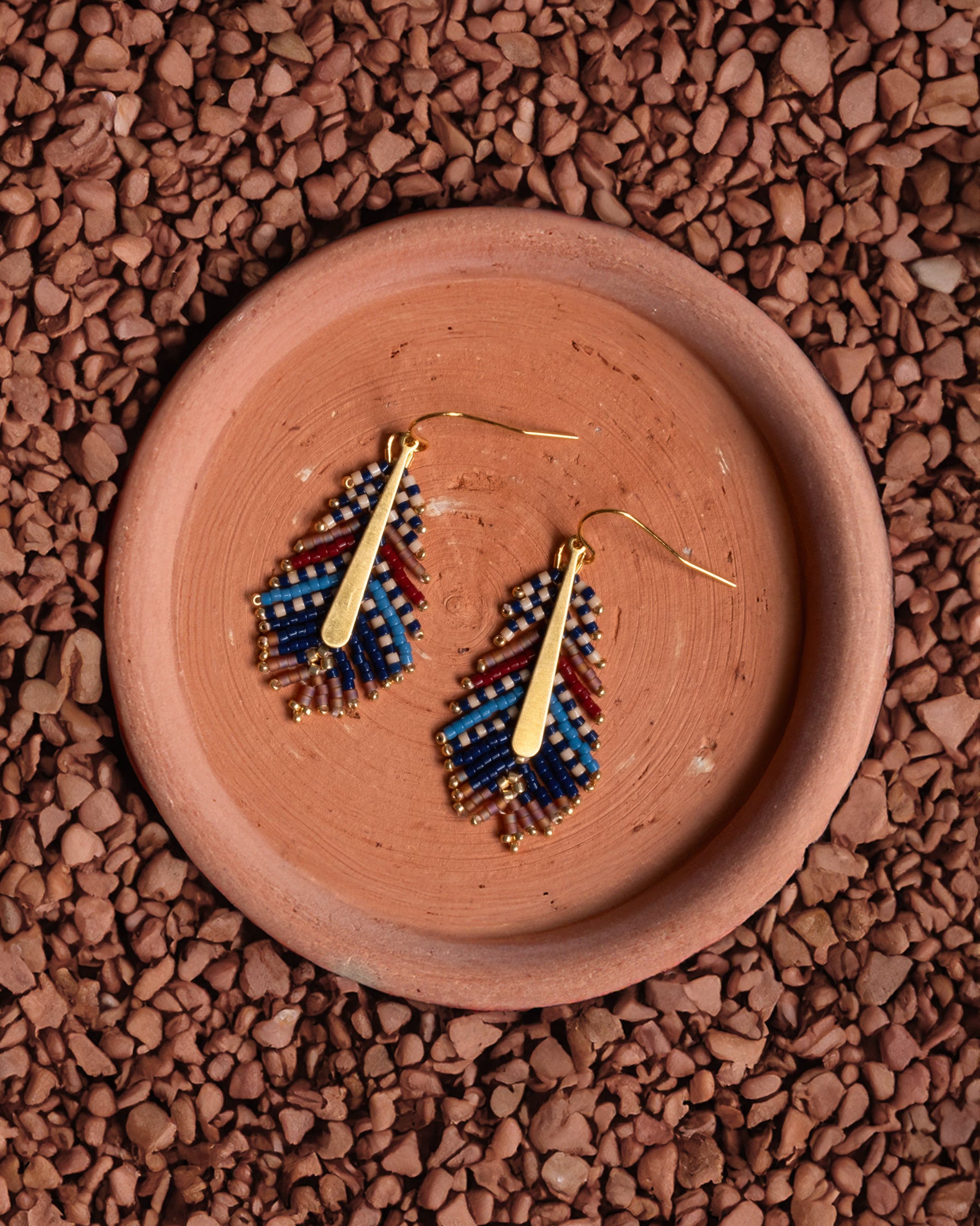 Beaded Handwoven Gilded Feather Earrings - Blue/Brown