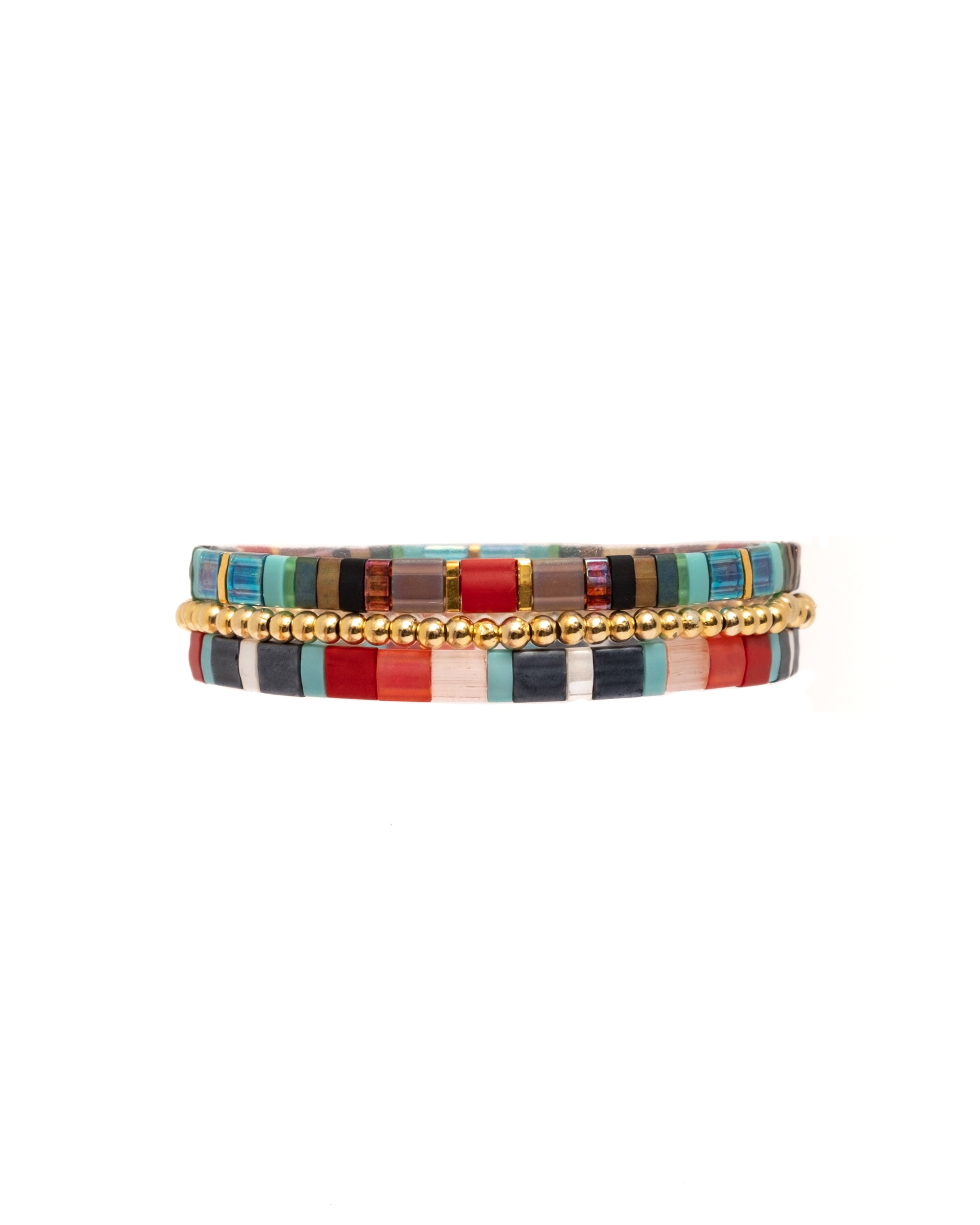 Miyuki Stretch Tila Bracelet Set of 3 - Red/Aqua