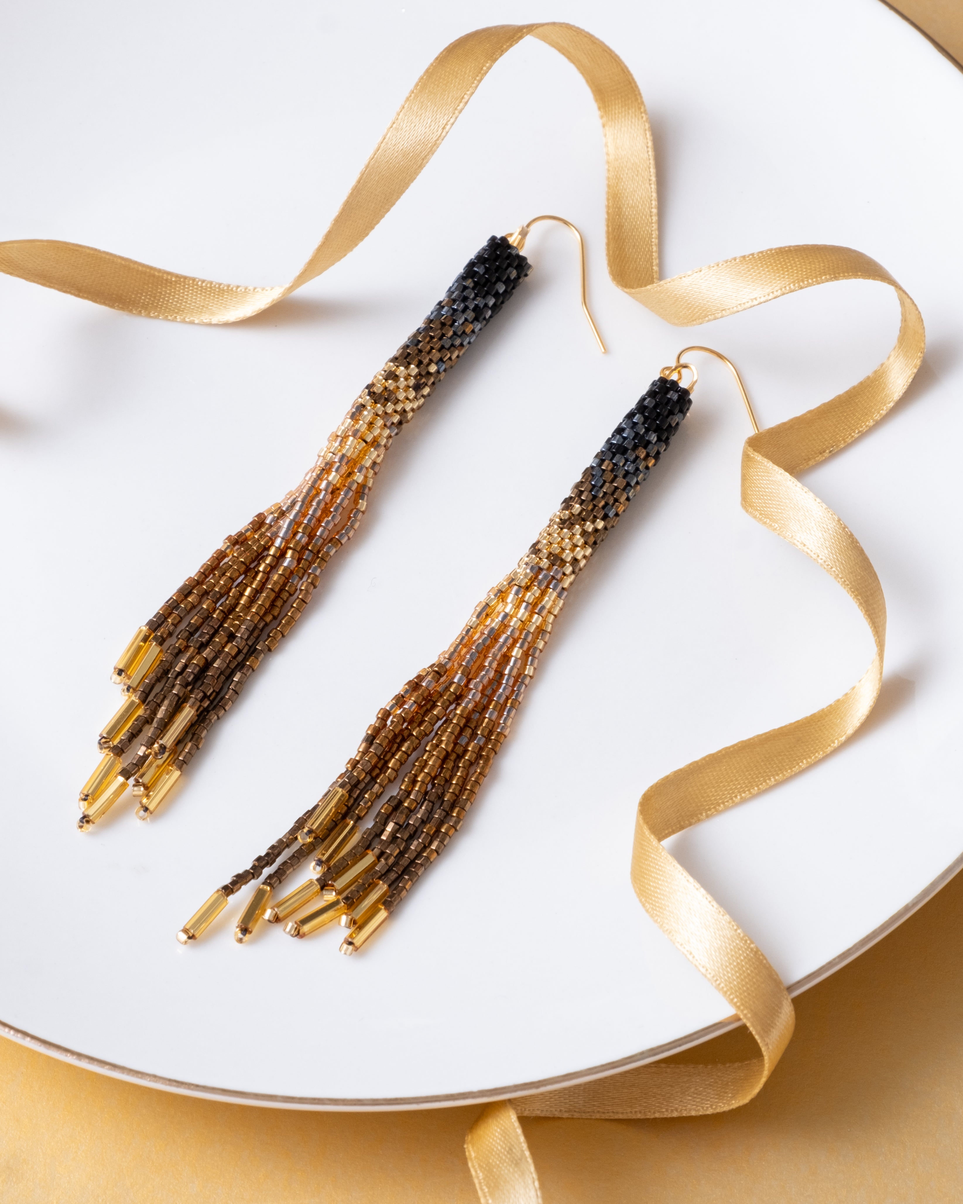 Handwoven Beaded Ombre Tassel Earrings - Black