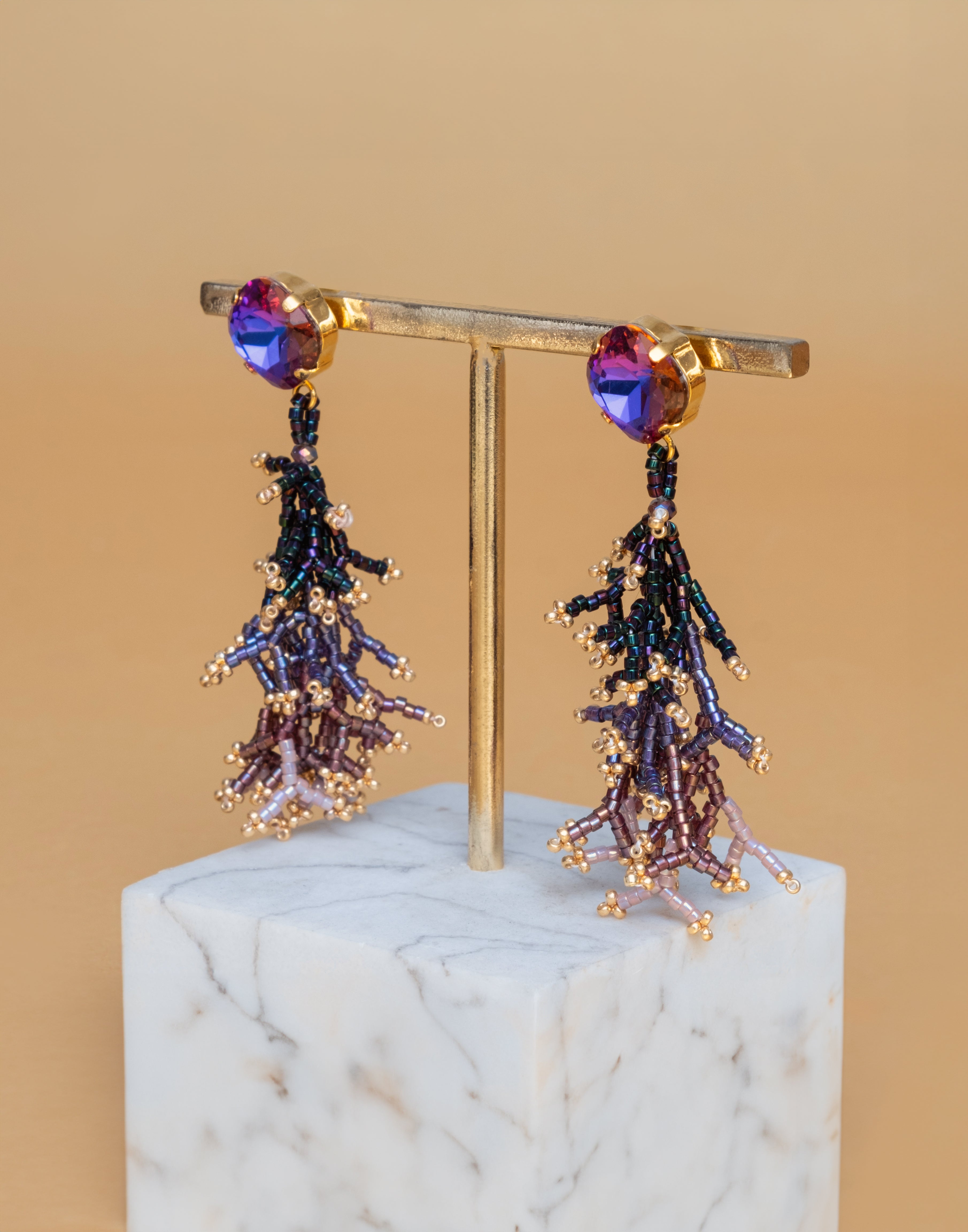 Handwoven Beaded Coral Fringe Earrings - Purple